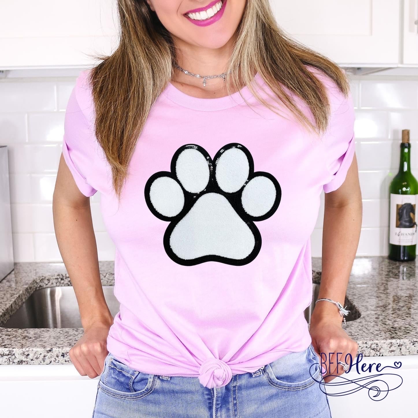 Paw-fection: White Chenille Dog Patch T-Shirt / Choice of Color - BFF Here