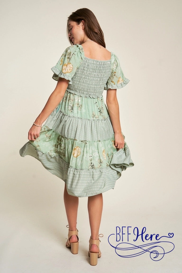 PREORDER: Botanical Bliss: Striped & Floral Smocked Ruffle-Tiered Dress (Ships Middle of February) - BFF Here