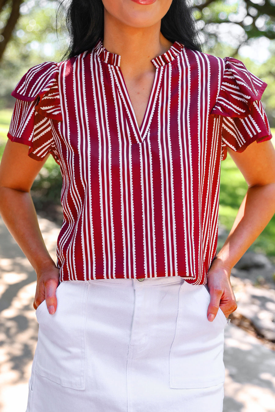 PREORDER:  Layla Striped Flutter Sleeve Blouse / Maroon by Jess Lea (ETA: July)