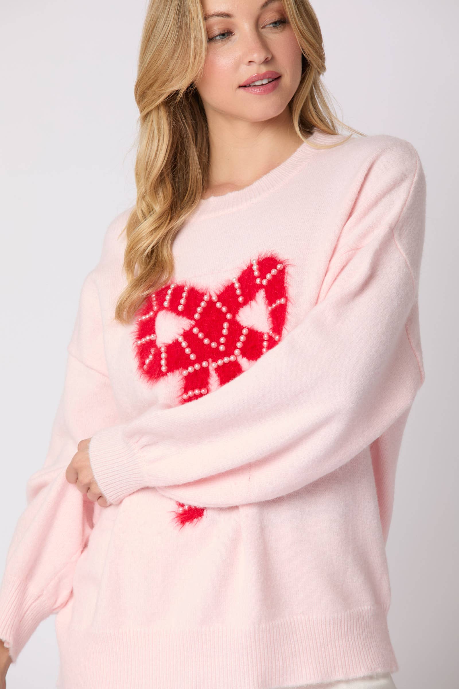 Tickled Pink Pearl Bow Sweater - BFF Here