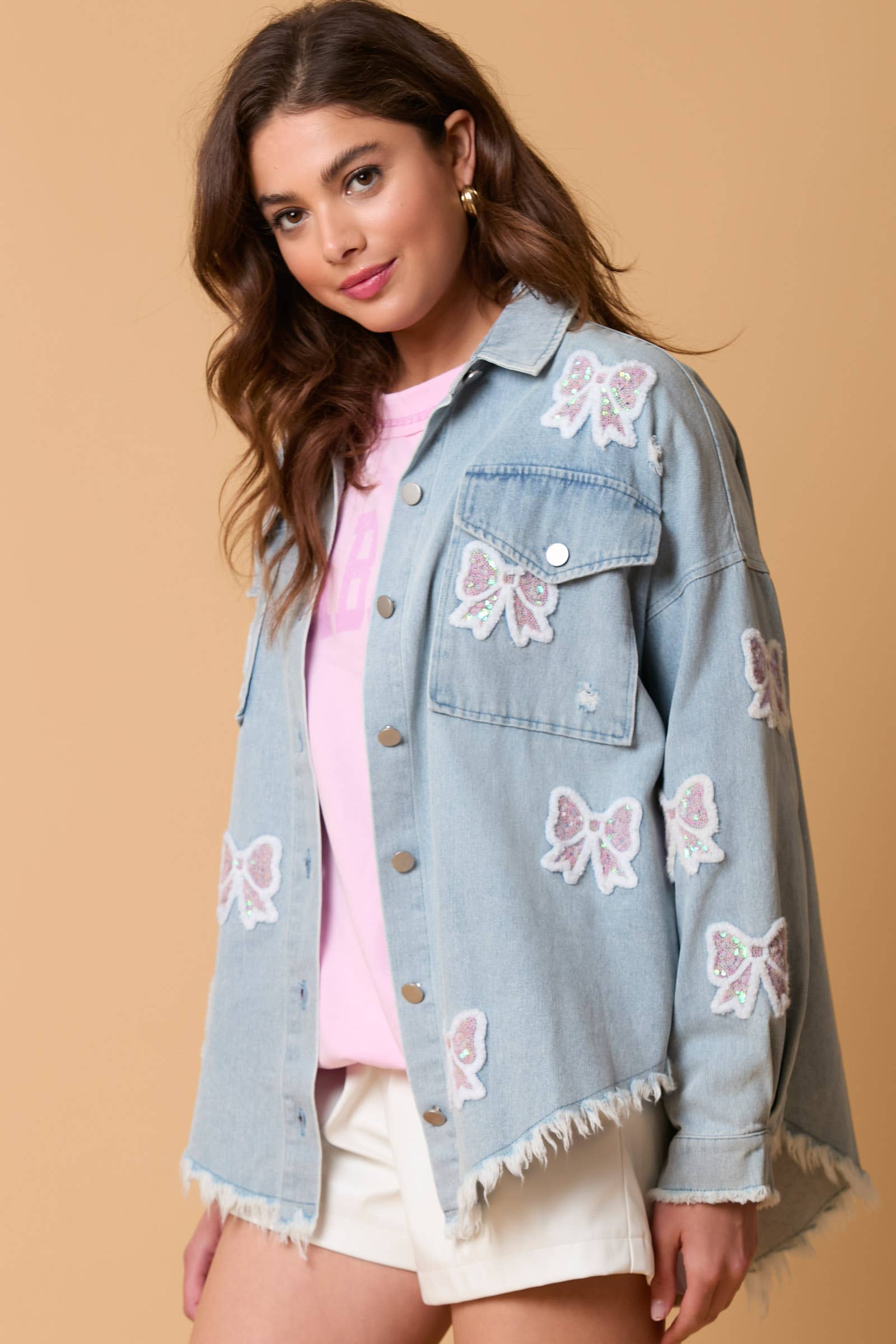 Bow Delight Frayed Denim Shacket - BFF Here