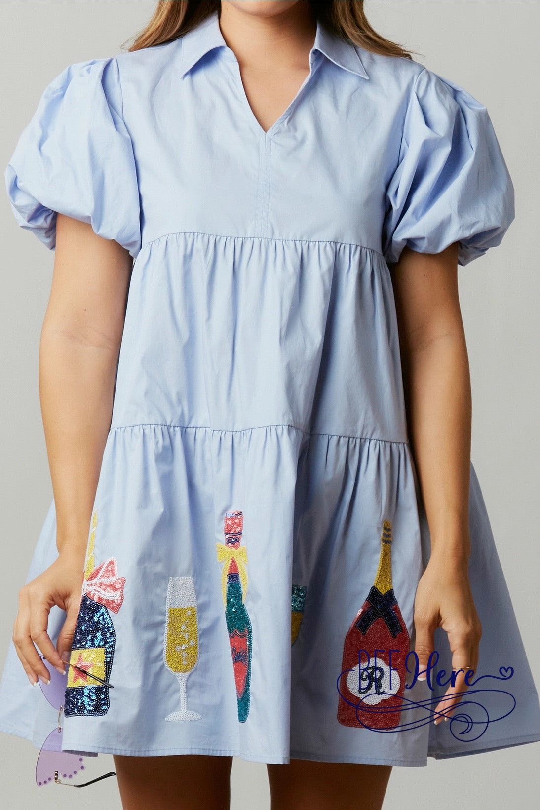 Bubbly Elegance: Champagne Sequin Patch Babydoll Mini Dress - BFF Here