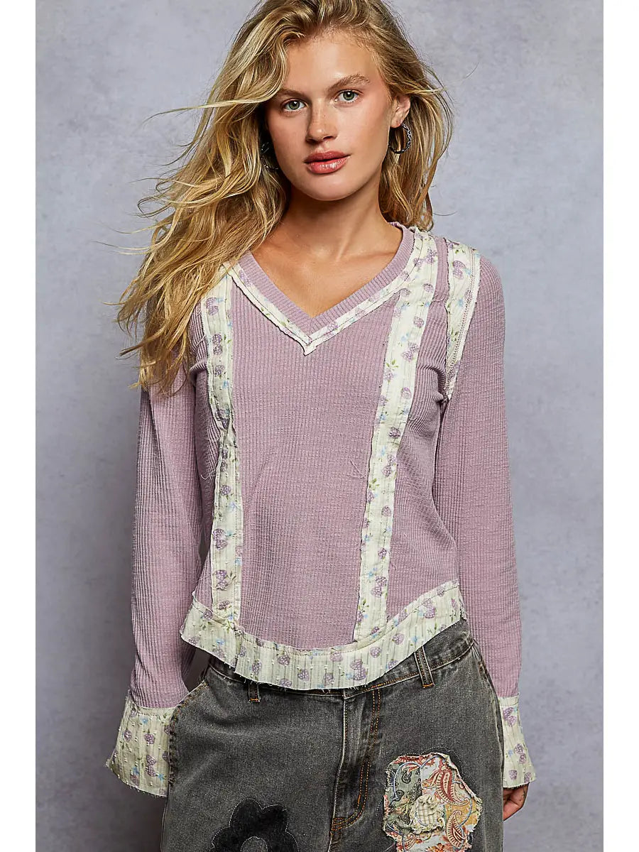 Long Sleeve V Neck Print Patch Ruffle Rib Knit Top by POL (Ships 2-3 weeks) - BFF Here