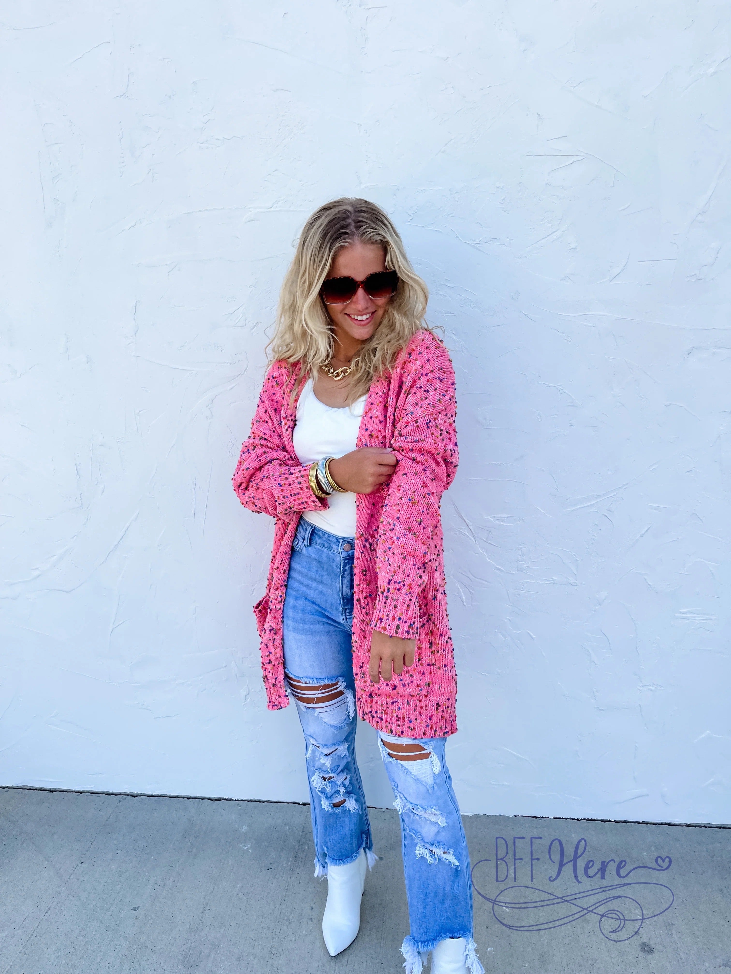 Cozy Meets Chic: The Chunky Dot Knit Cardigan - Bubble Gum - BFF Here