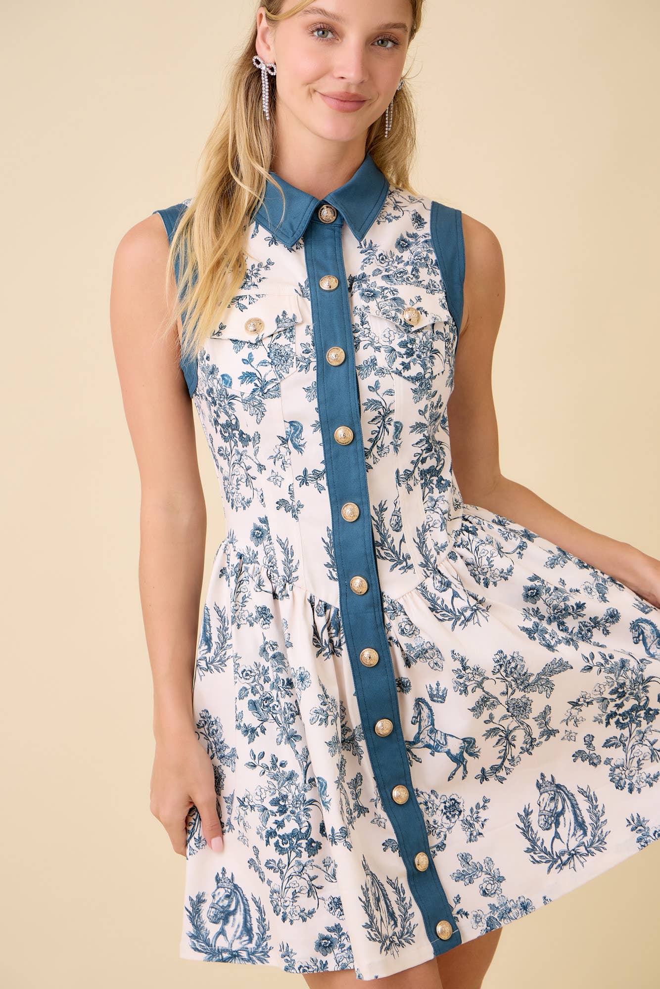 Vintage Horse Toile Print Denim Mini Dress - BFF Here