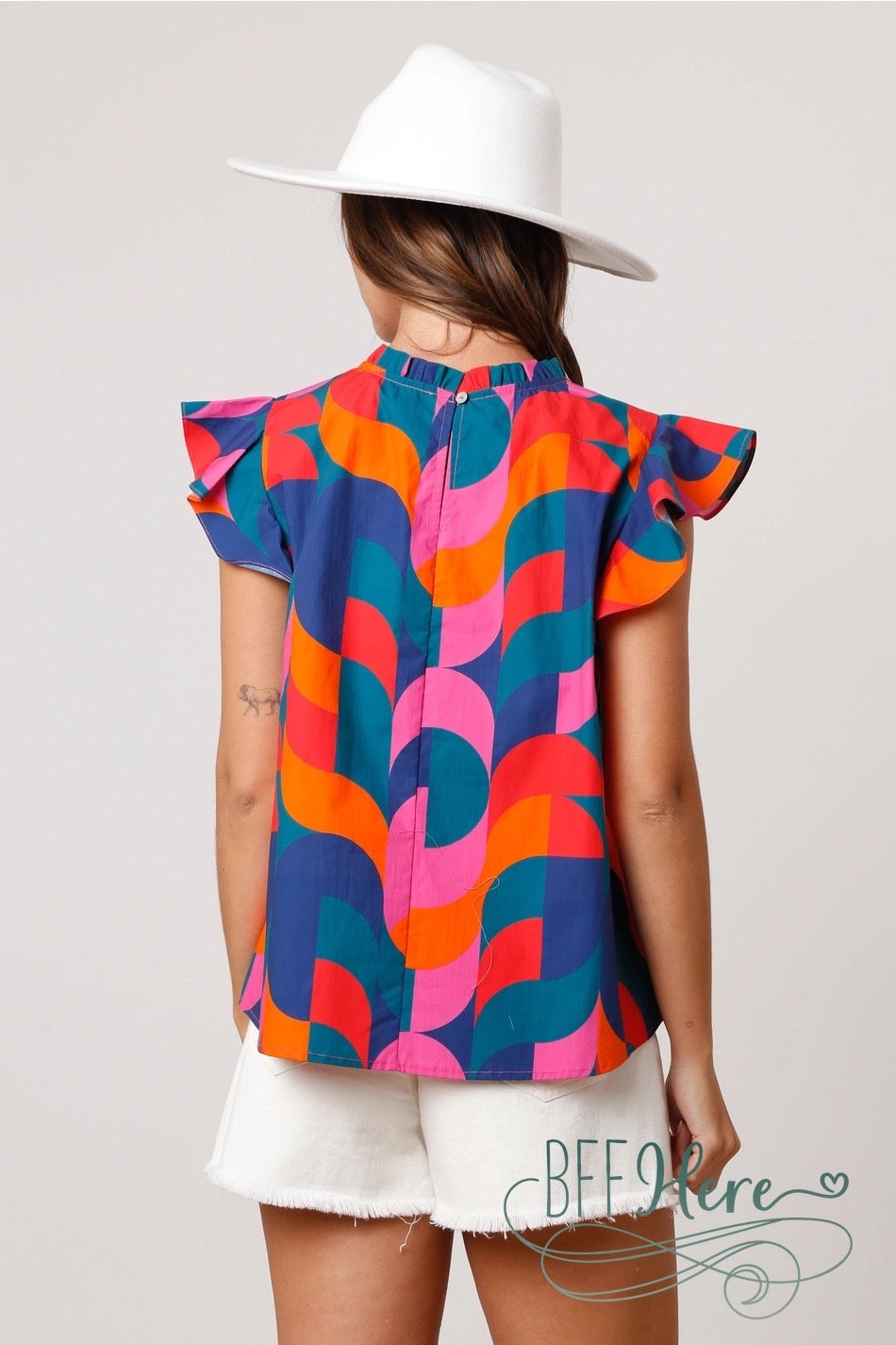 Geometric Grace: Chic Ruffle Neck Top - BFF Here