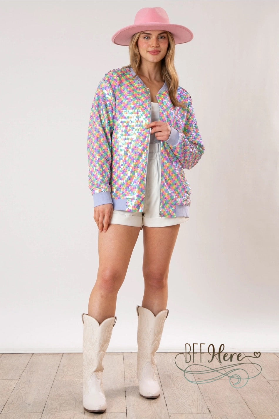 Pastel Prism Sequin Bomber Jacket - BFF Here