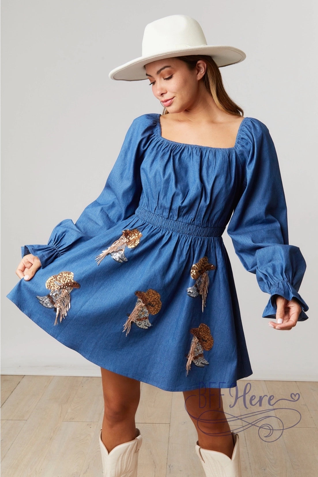 Cowgirl Couture: Denim Puff Sleeve Dress Featuring Boot and Hat Accents - BFF Here