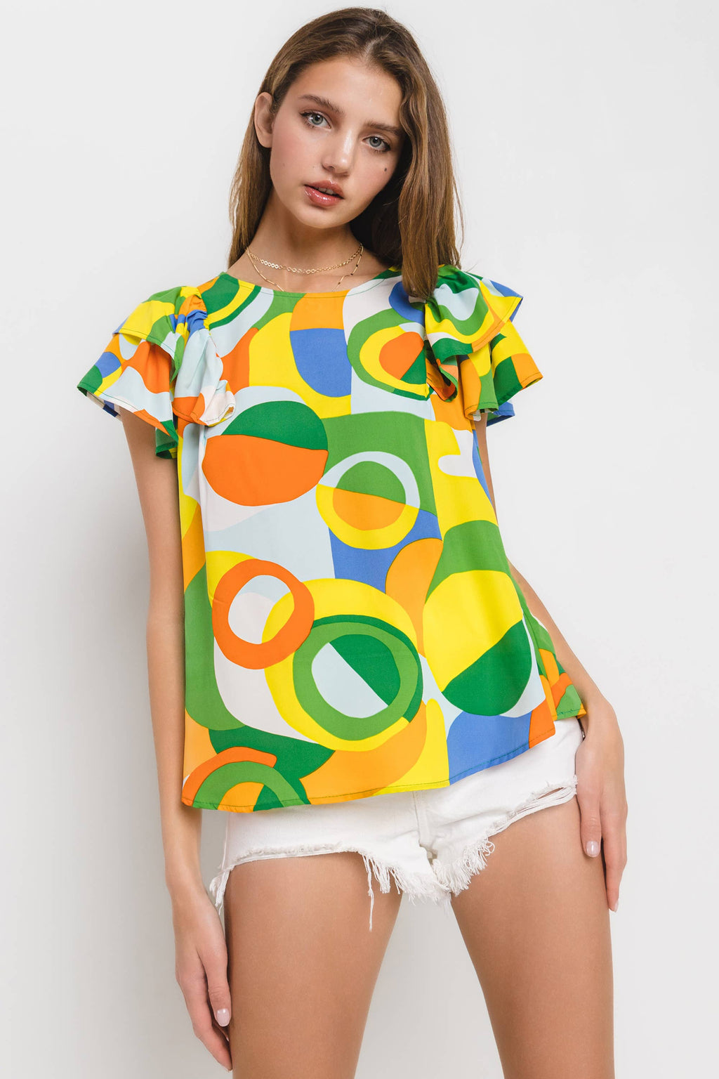 Abstract Sunshine Geometric Ruffle Sleeve Top / Choice of Color - BFF Here