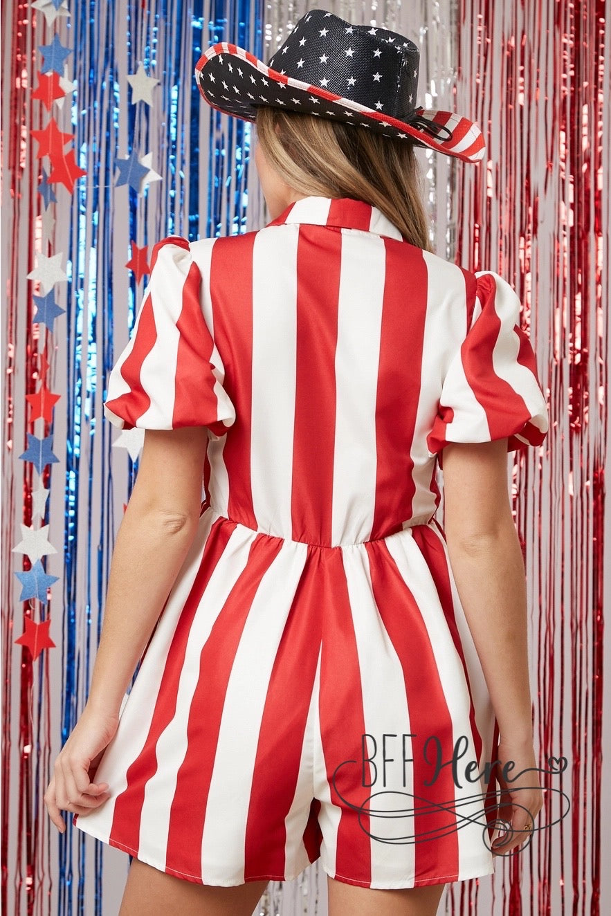 Freedom Frolic: Patriotic Drink Stripe Romper - BFF Here