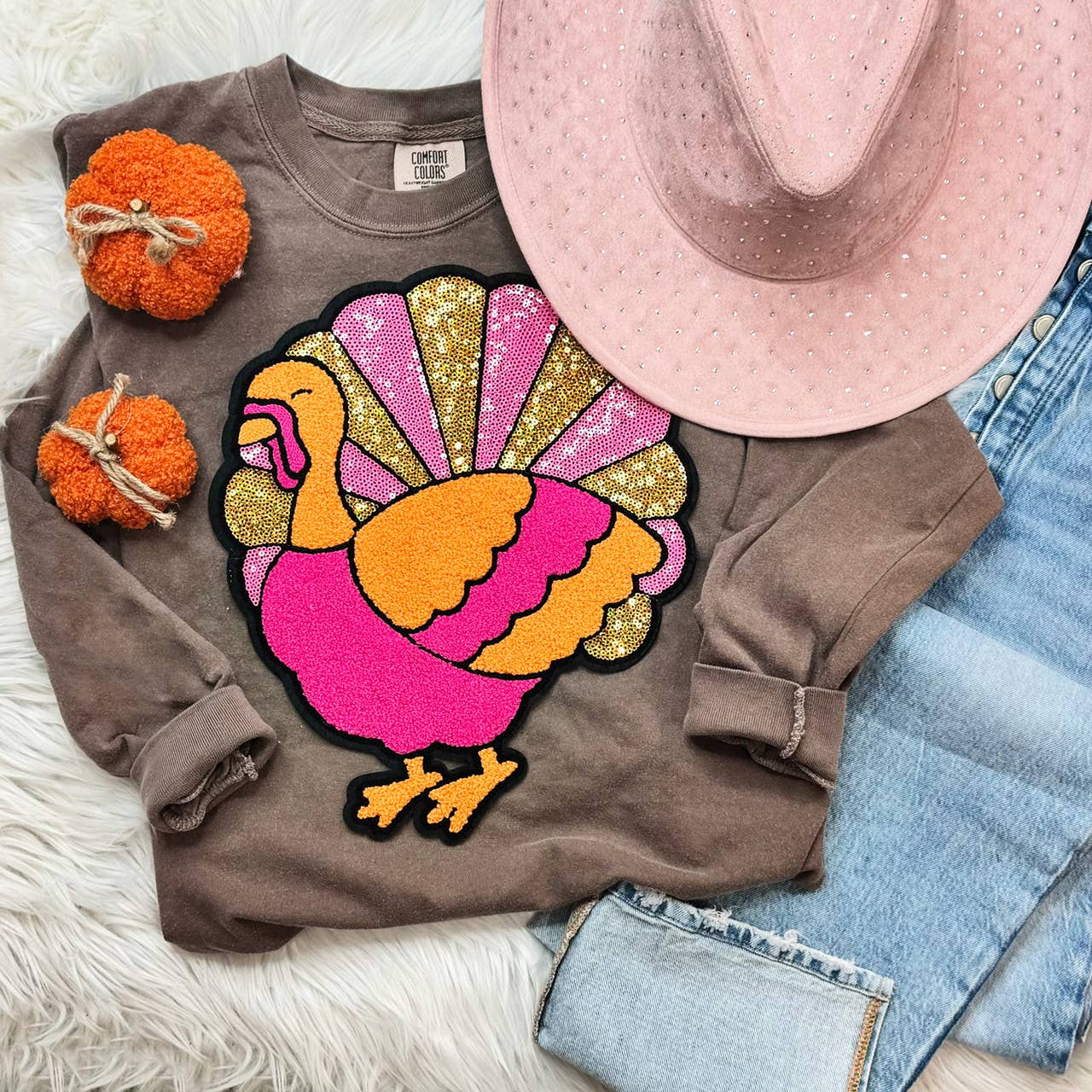 Pink Sequin Turkey Long Sleeve Tee - BFF Here