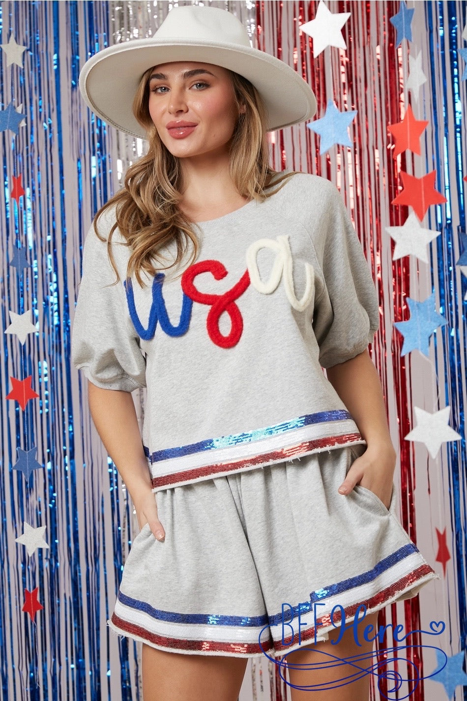 PREORDER: Stars, Stripes, and Sparkle: Patriotic Sequin Wave Shorts (Ships End of January ) - BFF Here