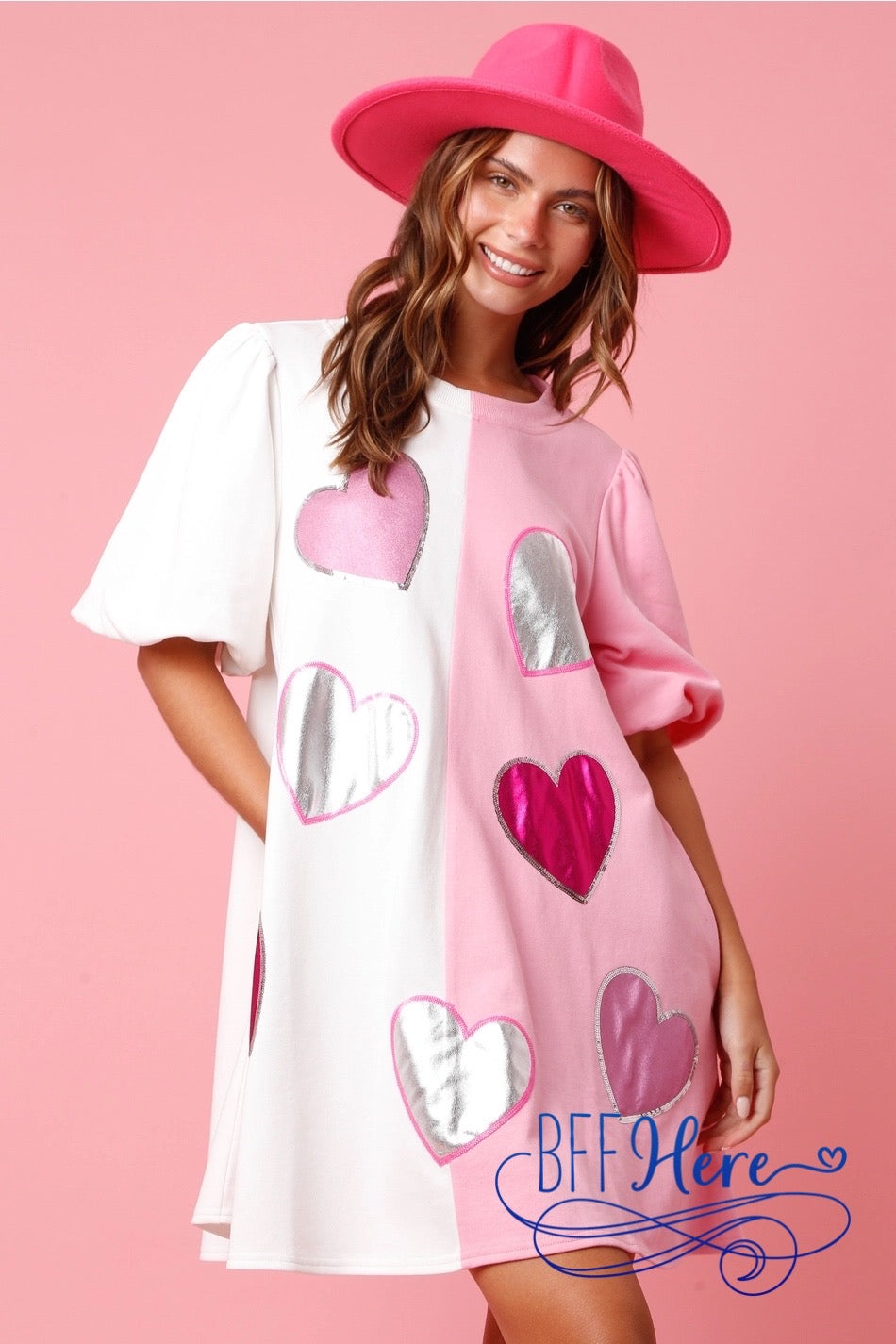 PREORDER: Heartfelt Shine: Foil Hearts Color Block Dress (Ships Middle of January) - BFF Here