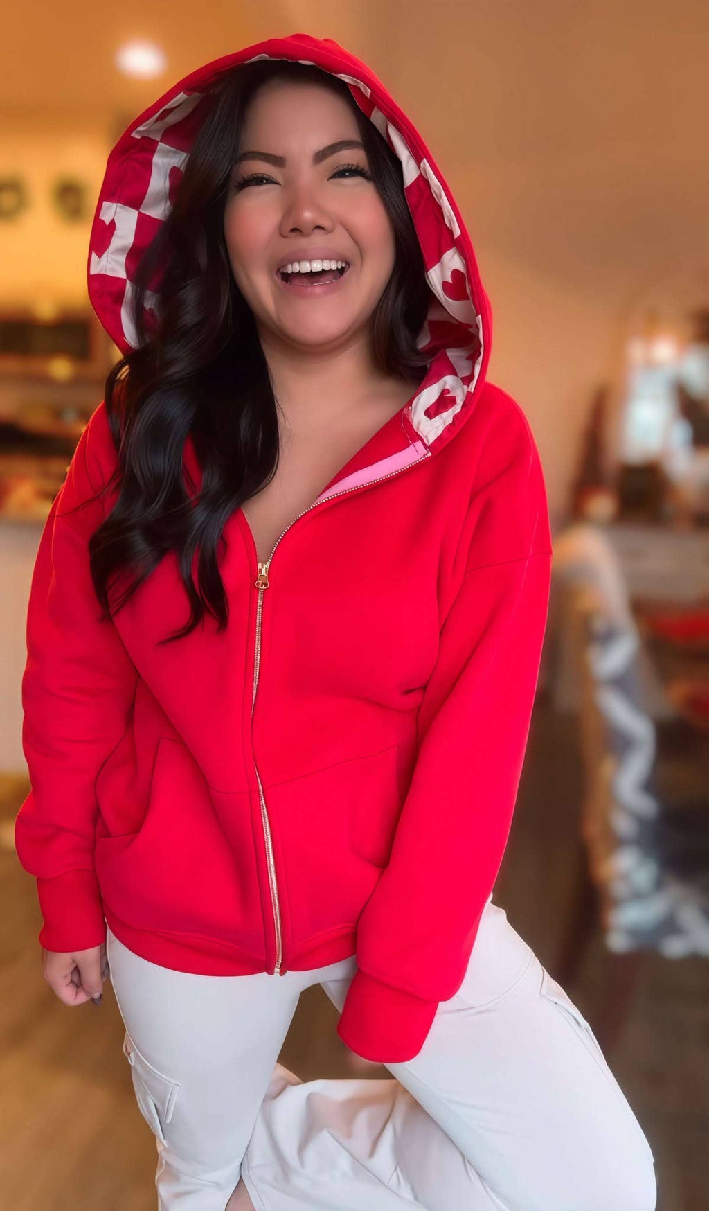 Lina Oversize Checker Heart Silk Hoodie by JadyK - BFF Here