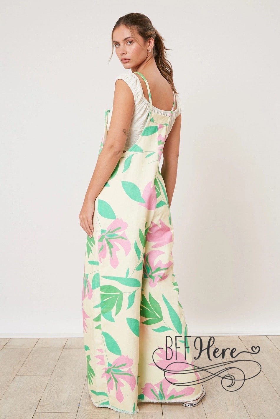 PREORDER: Island Breeze: Tropical Print Denim Jumpsuit (Ships End of April) - BFF Here