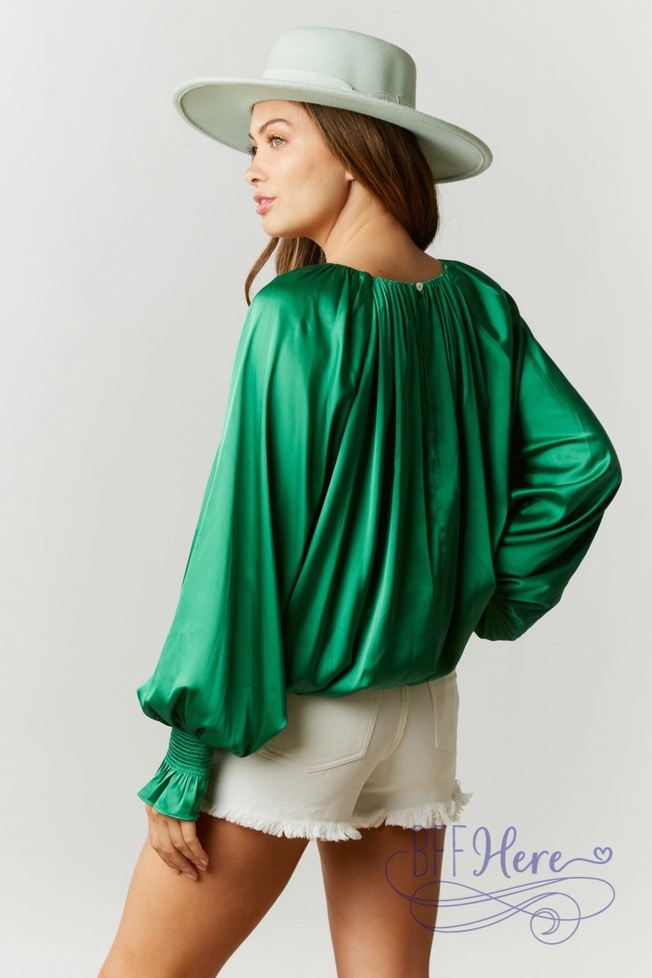 Luxe Satin Blouse Featuring Artisanal Tuck Accents — Kelly Green - BFF Here
