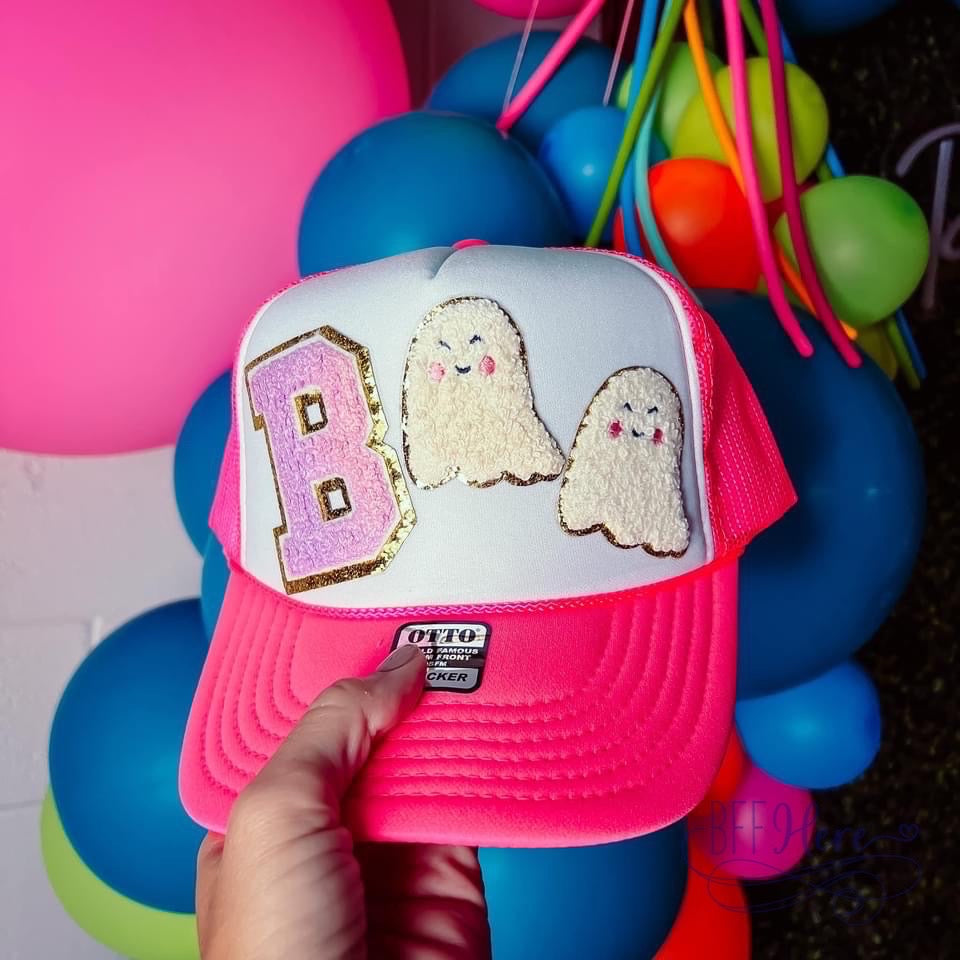 Haunt in Style: Boo Chenille Patch Trucker Hat - BFF Here