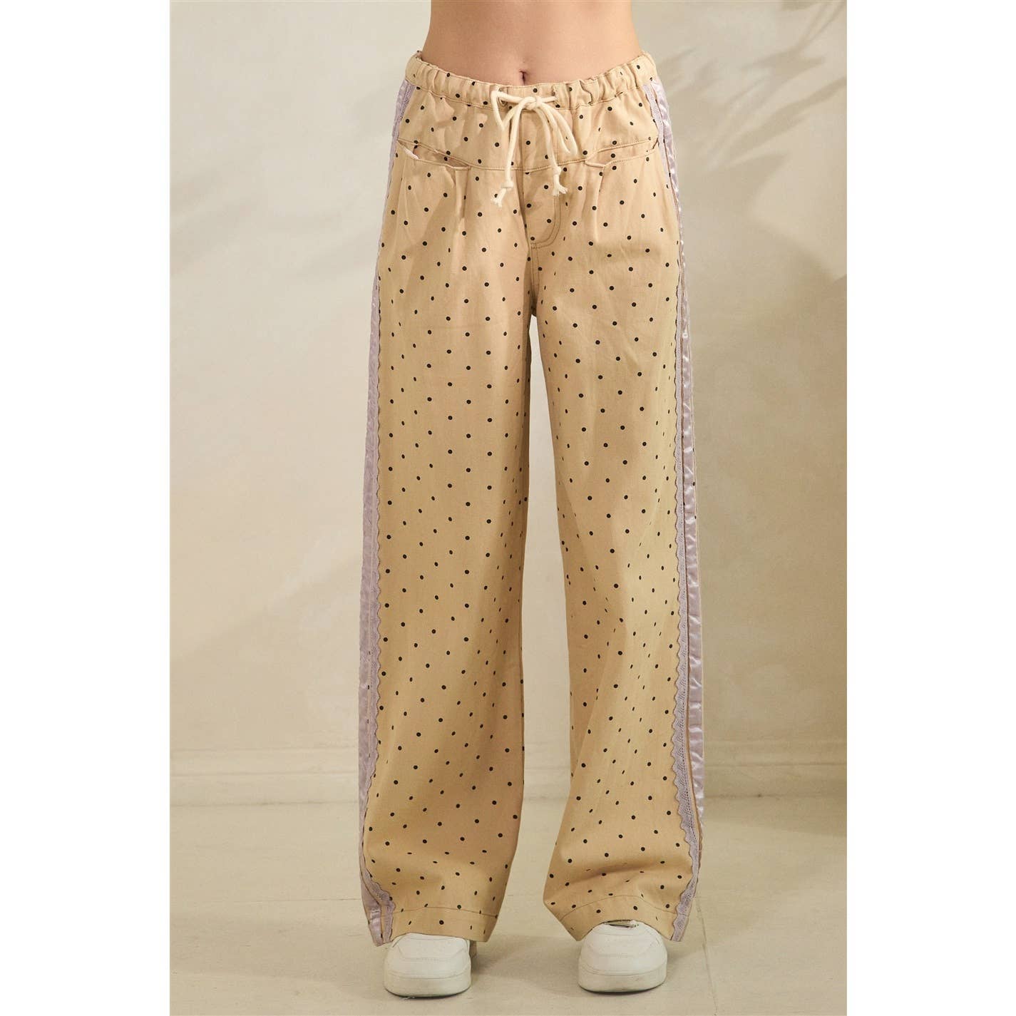 Polka Dot Pants with Satin Contrast Accents - BFF Here