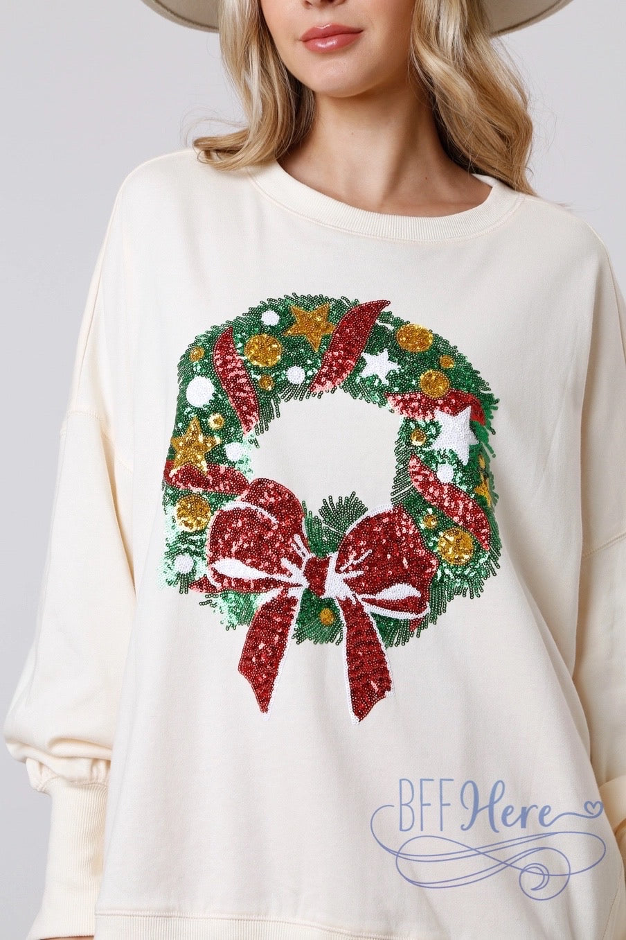 Festive Sparkle Sequin Christmas Wreath Sweatshirt / Choice of Color (Pink Ships Beginning of November) - BFF Here