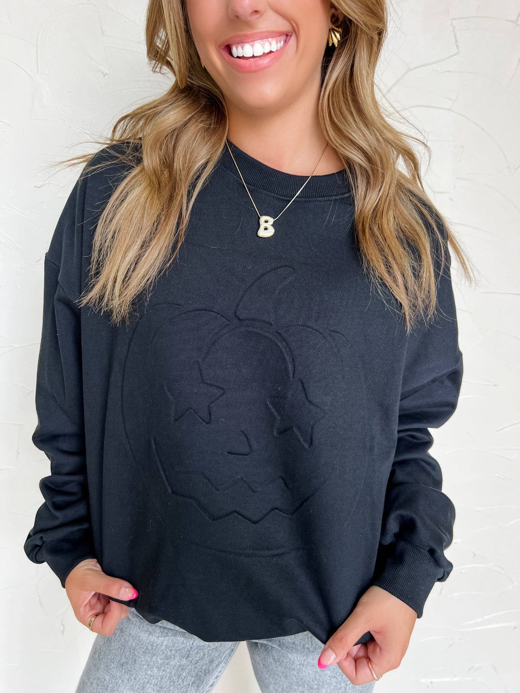 Spooky Star-Eyed Pumpkin Embossed Sweatshirt - BFF Here
