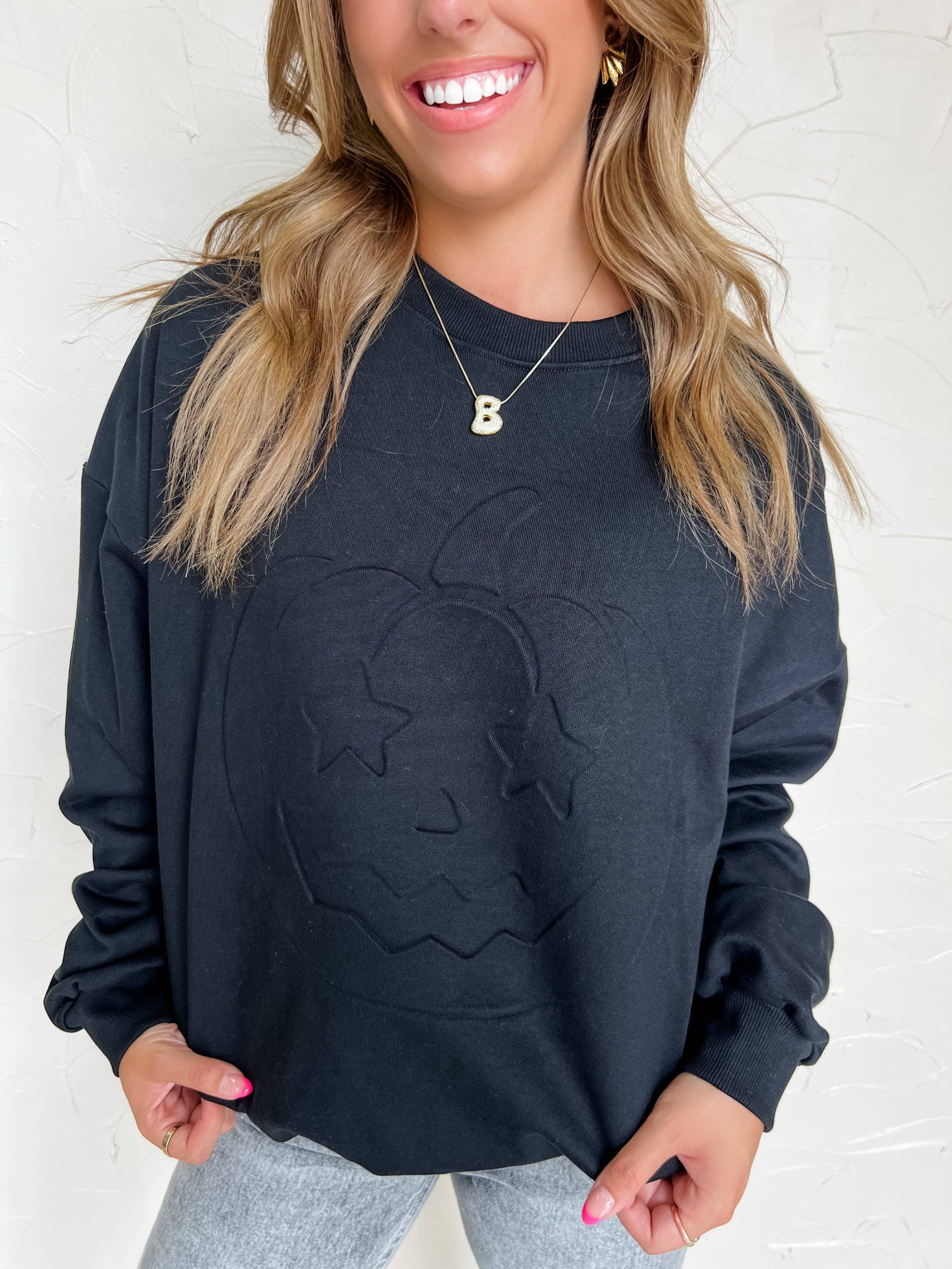 Spooky Star-Eyed Pumpkin Embossed Sweatshirt - BFF Here