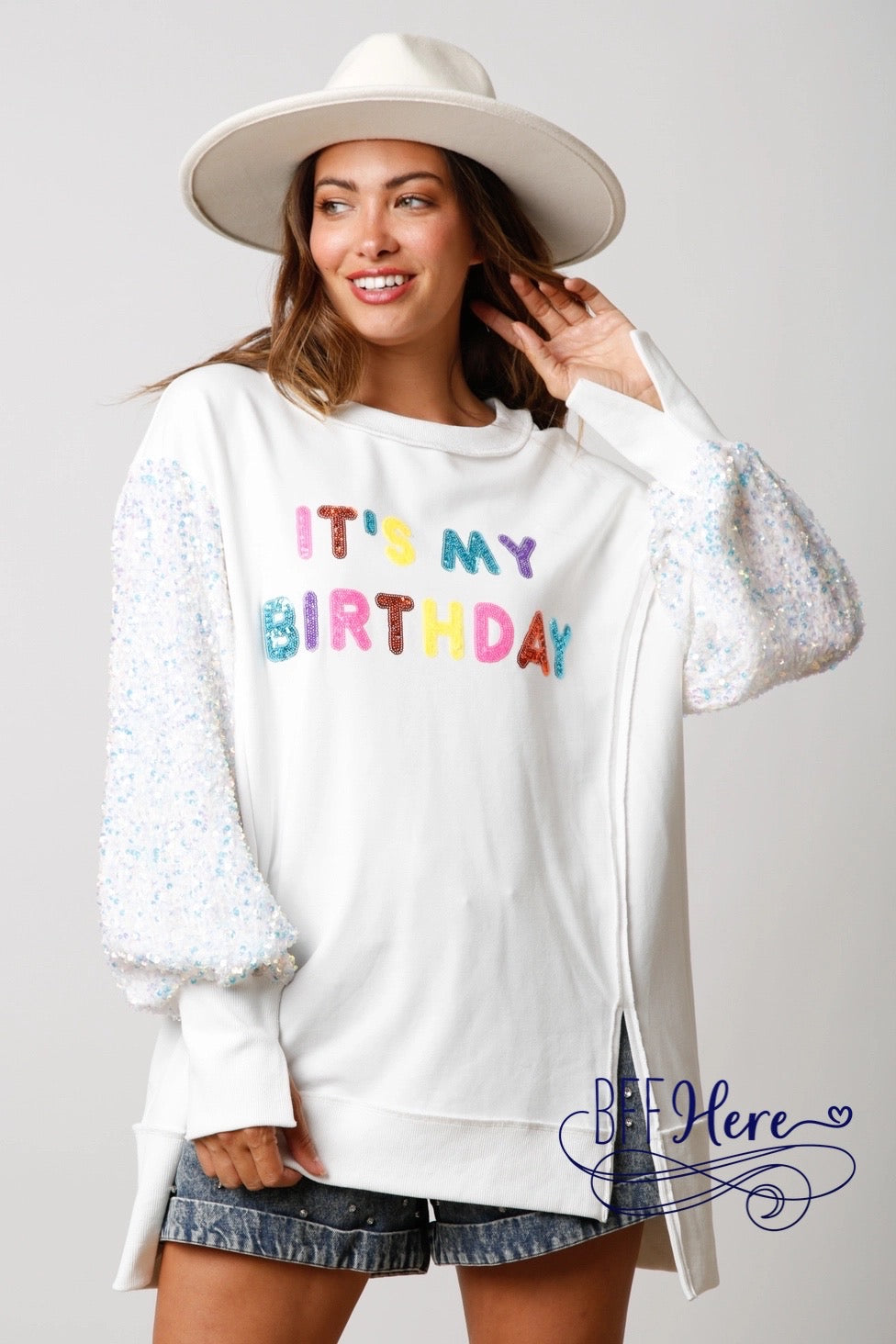 Celebration Sparkle: 'It's My Birthday' Sequin Pullover / Choice of Color - BFF Here