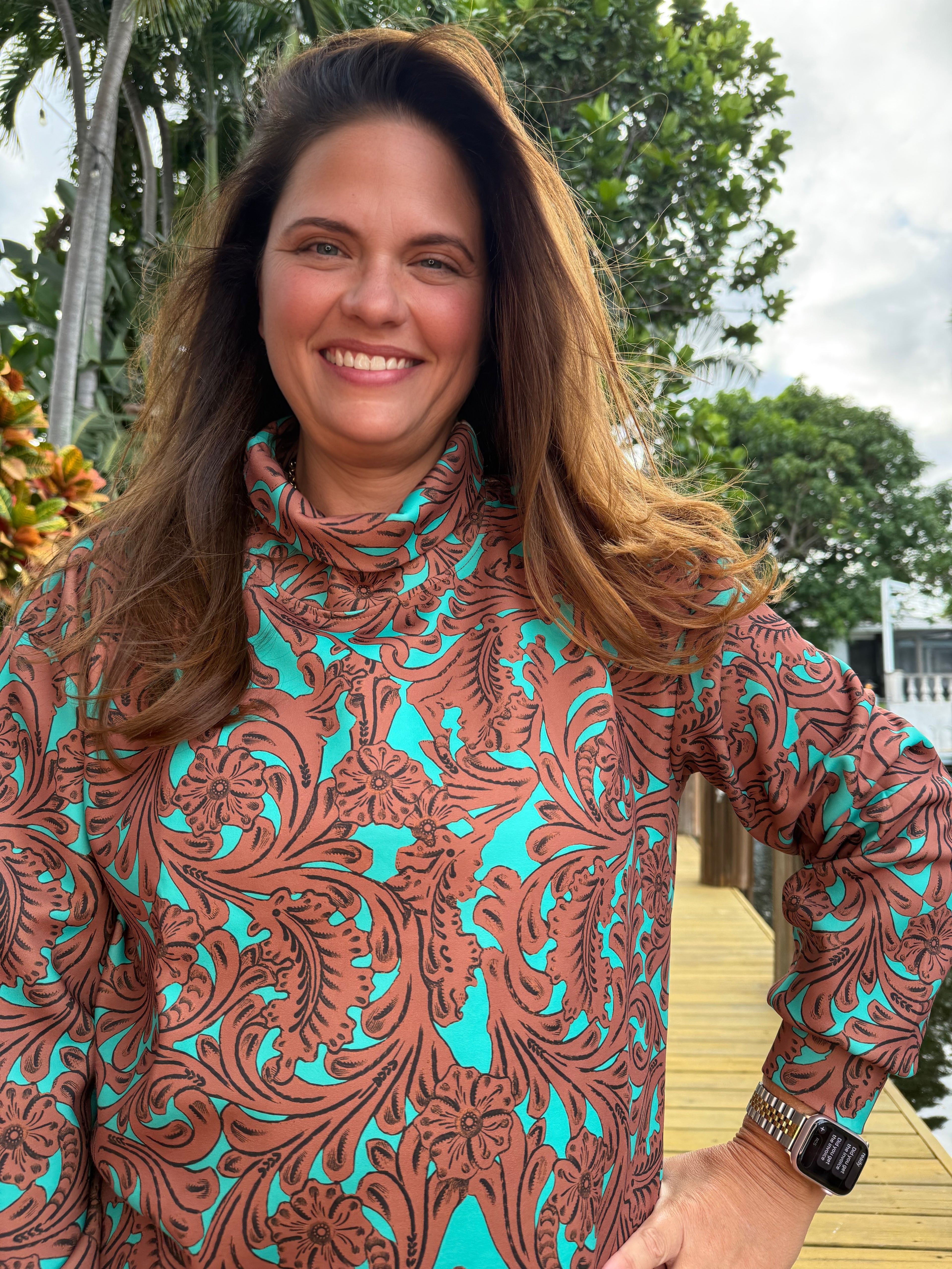 Turquoise Tooled Mock Neck Top by Sterling Kreek - BFF Here