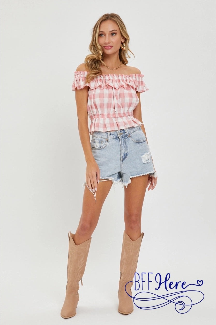 Pretty in Pink Gingham Off-Shoulder - BFF Here