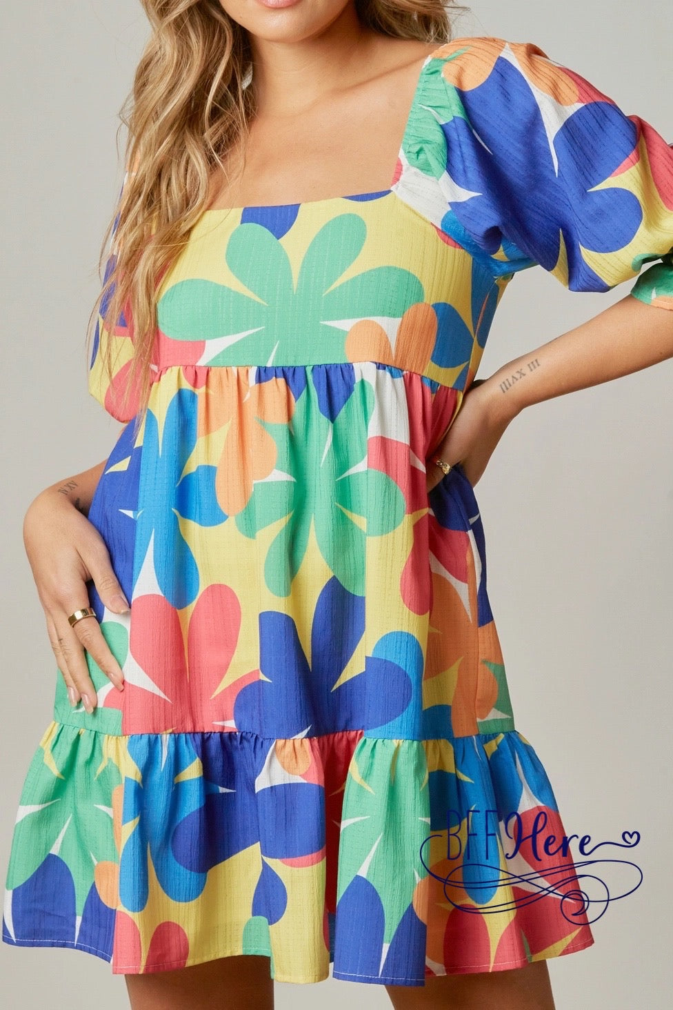 Blooming Spectrum: Multicolor Floral Print Mini Dress - BFF Here