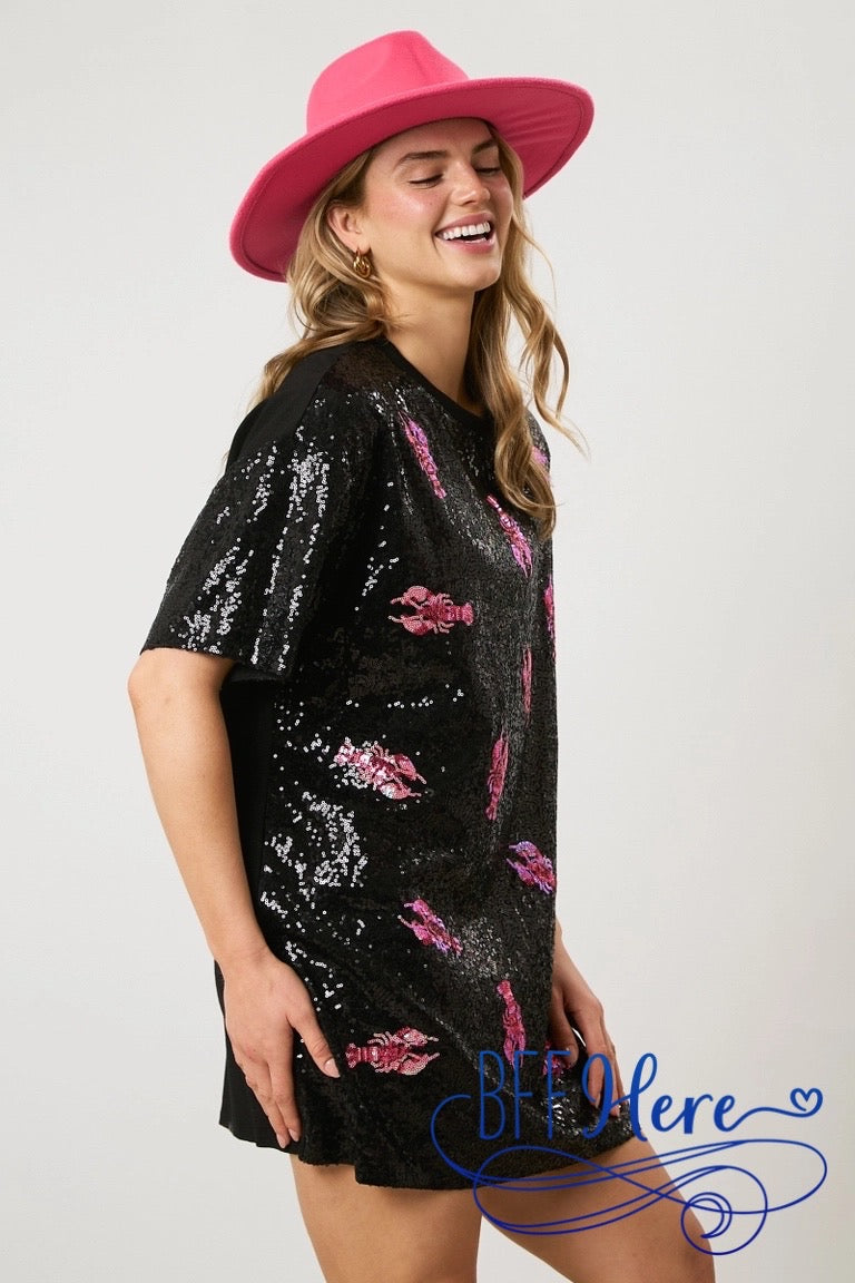 PREORDER: Sparkling Bayou: Black Sequin Crawfish Tee Dress (Ships Middle of February) - BFF Here