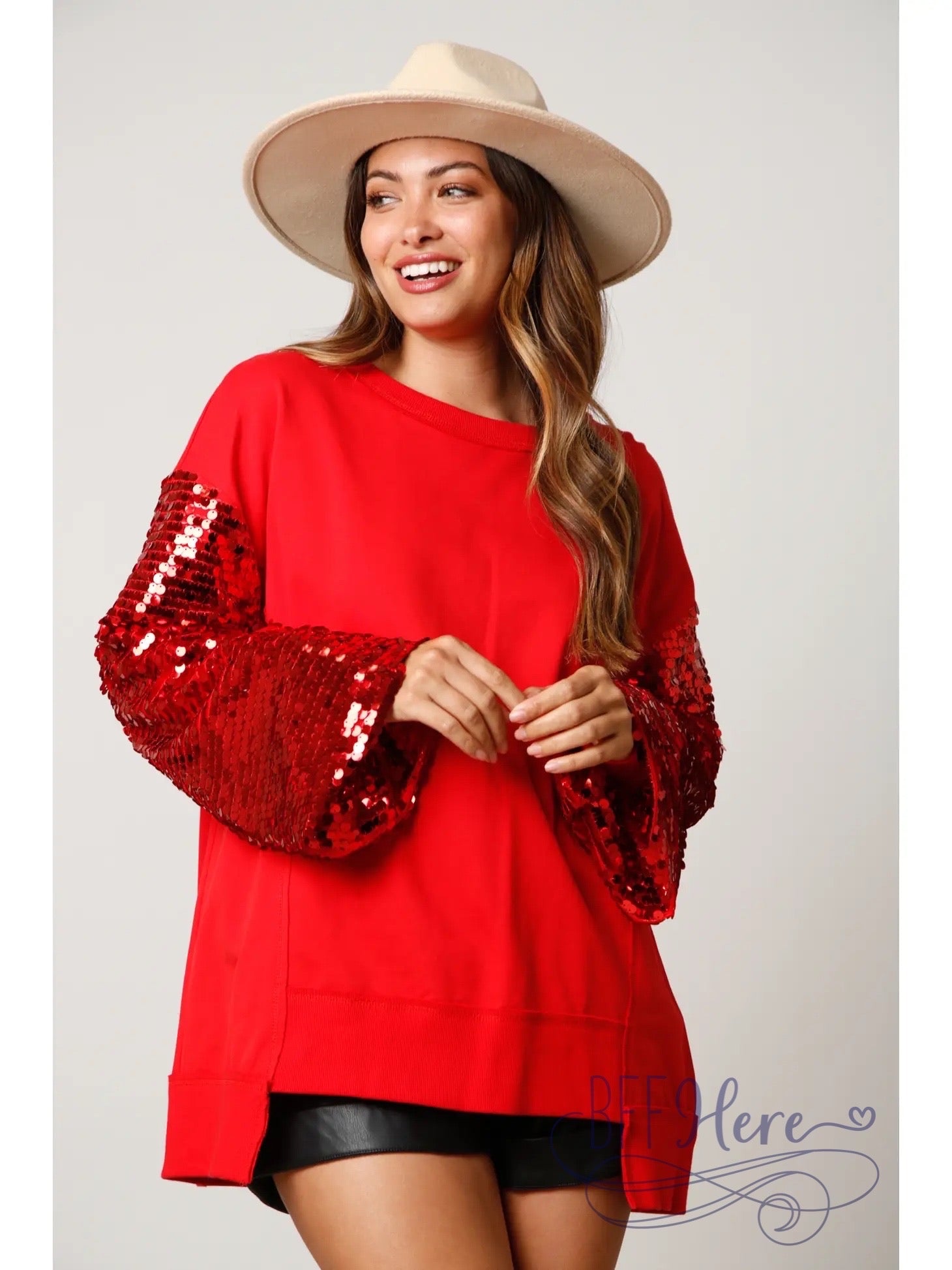 Radiant Glam: Red Sequin Color Block Top - BFF Here