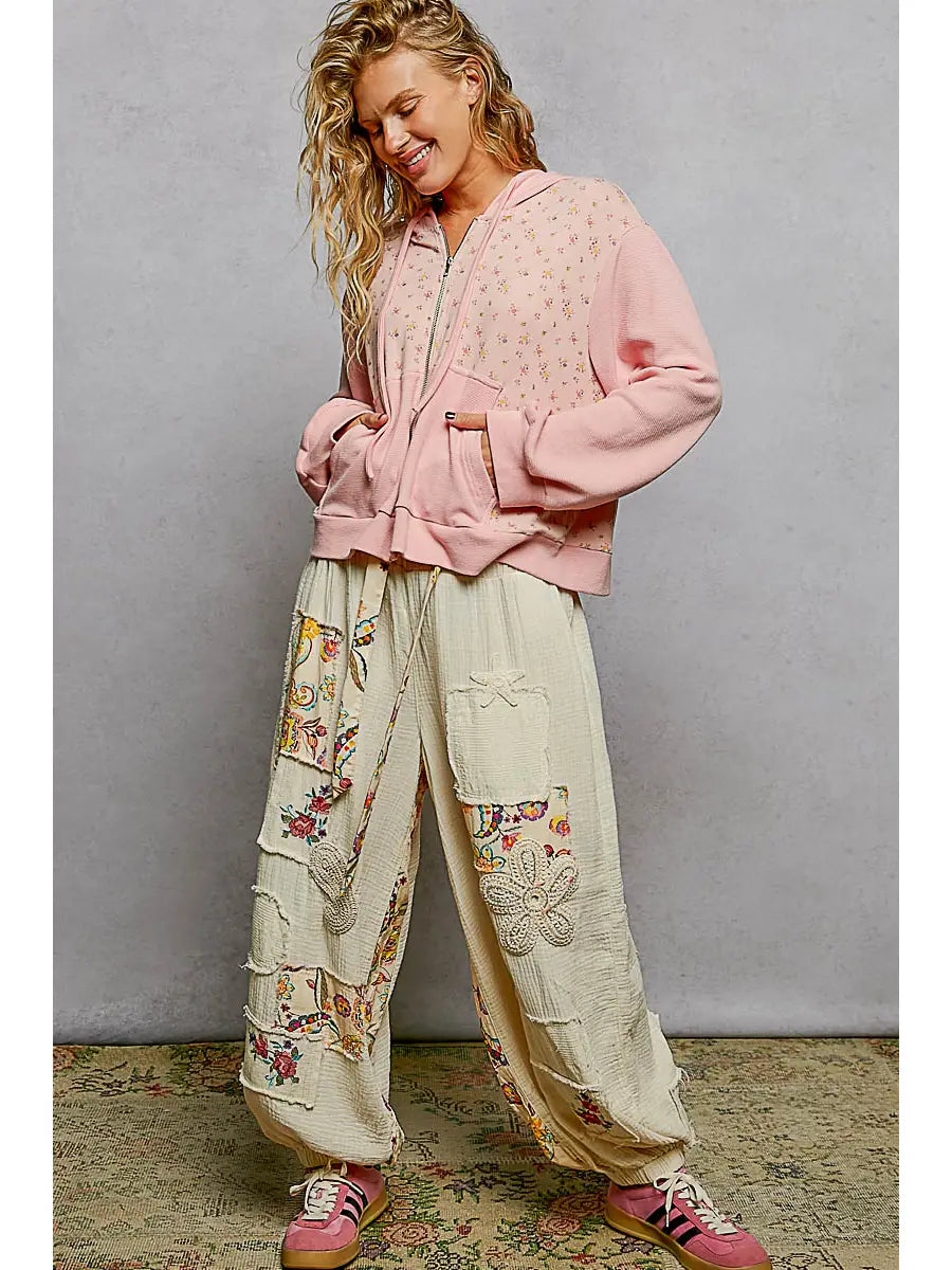 Thermal Contrast Cozy Texture Floral Print Knit Hoodie Top by POL (Ships 2-3 weeks) - BFF Here