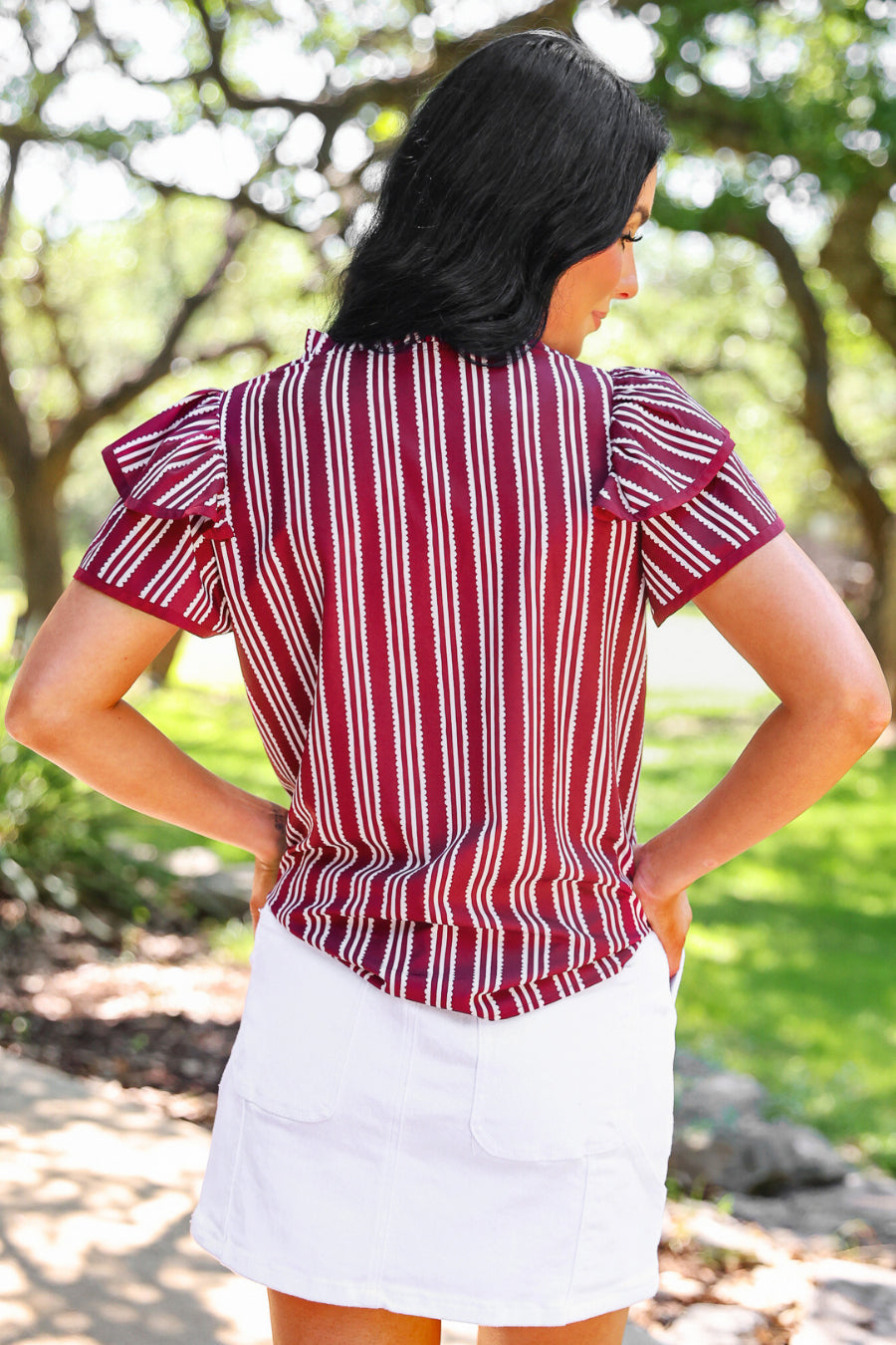 PREORDER:  Layla Striped Flutter Sleeve Blouse / Maroon by Jess Lea (ETA: July)