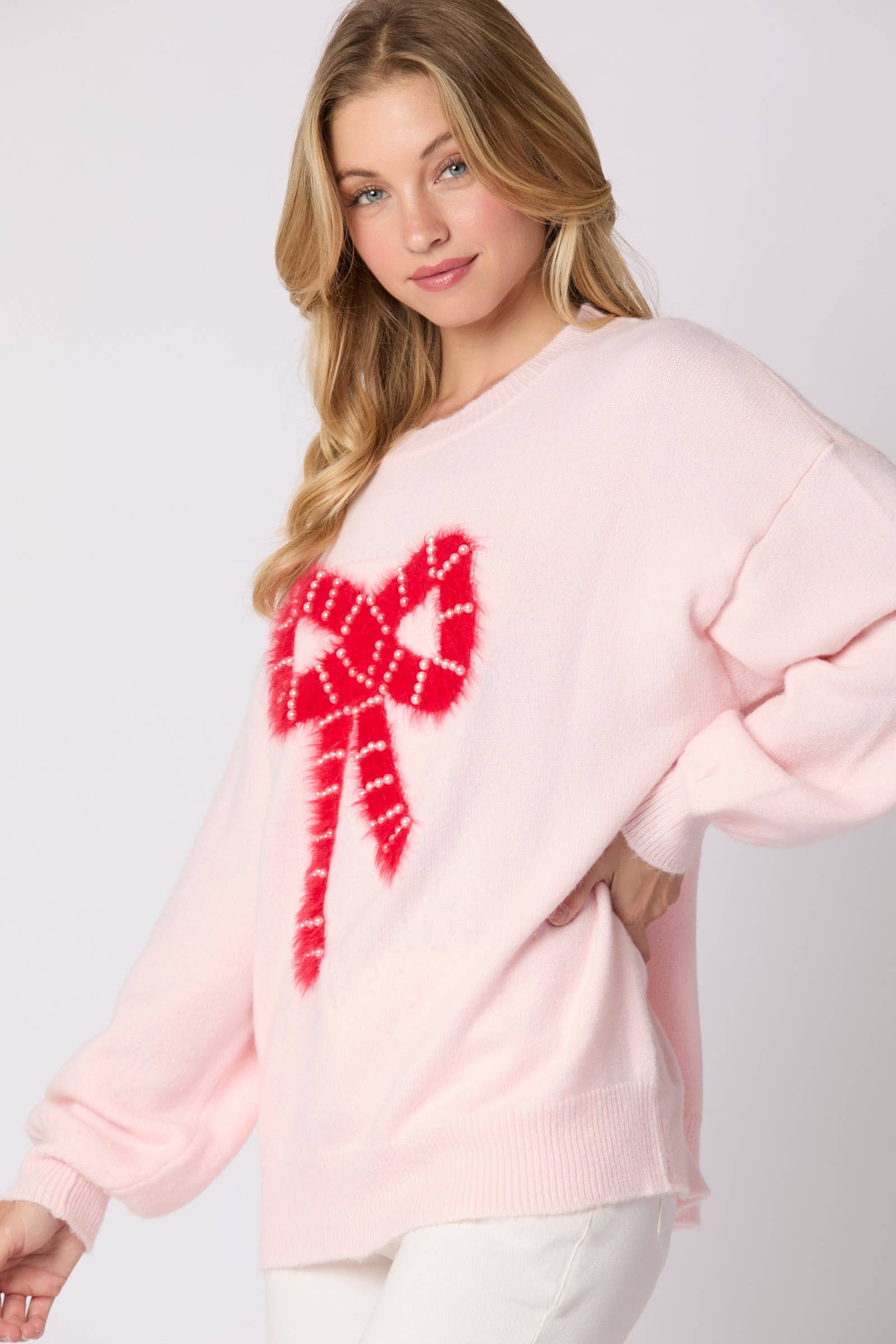 Tickled Pink Pearl Bow Sweater - BFF Here