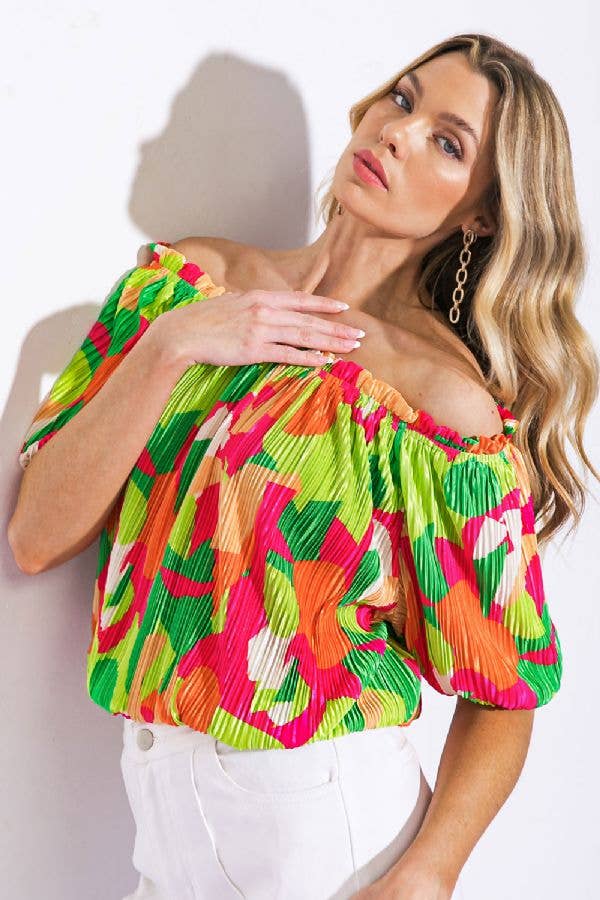 Tropical Burst Off-Shoulder Pleated Top - BFF Here