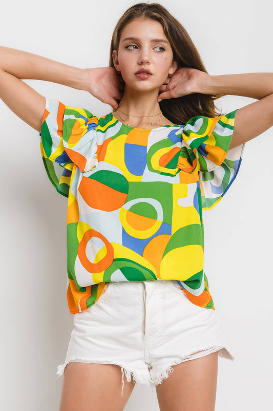 Abstract Sunshine Geometric Ruffle Sleeve Top / Choice of Color - BFF Here