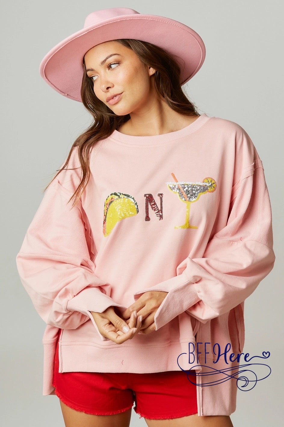 Fiesta Sparkle: Tacos & Margaritas Sequin Patch Sweatshirt - BFF Here