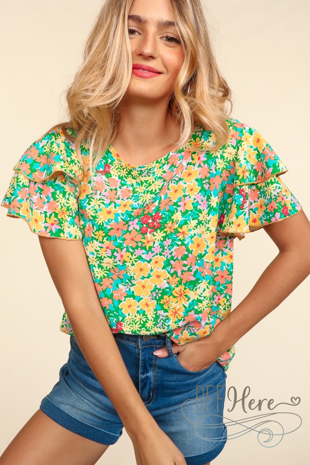 Sunshine Bloom Ruffle Tee - A Floral Embrace - BFF Here