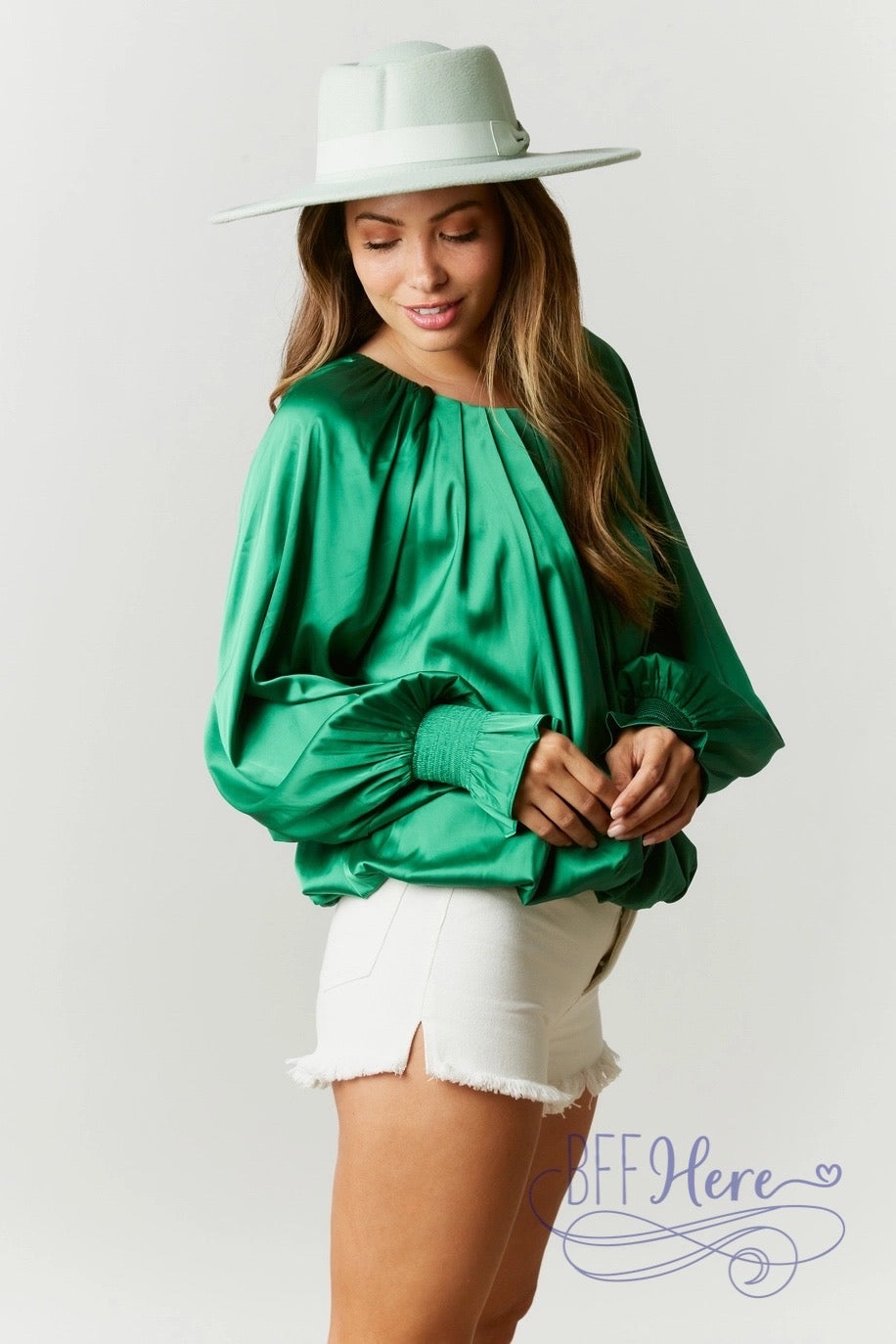 Luxe Satin Blouse Featuring Artisanal Tuck Accents — Kelly Green - BFF Here