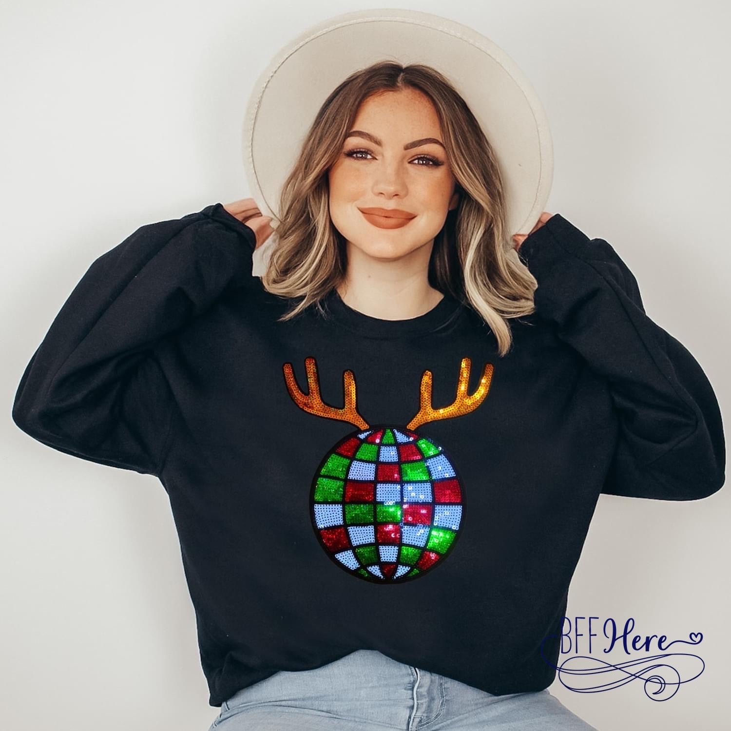 Reindeer Rhythm: Disco Ball Patch Crewneck Sweatshirt - BFF Here