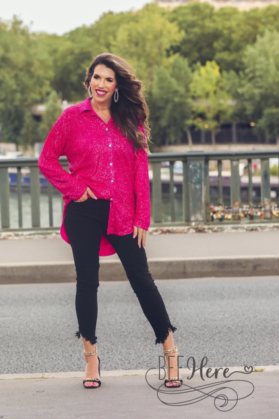 Attention Seeker Sequin Button Up Top — Hot Pink - BFF Here