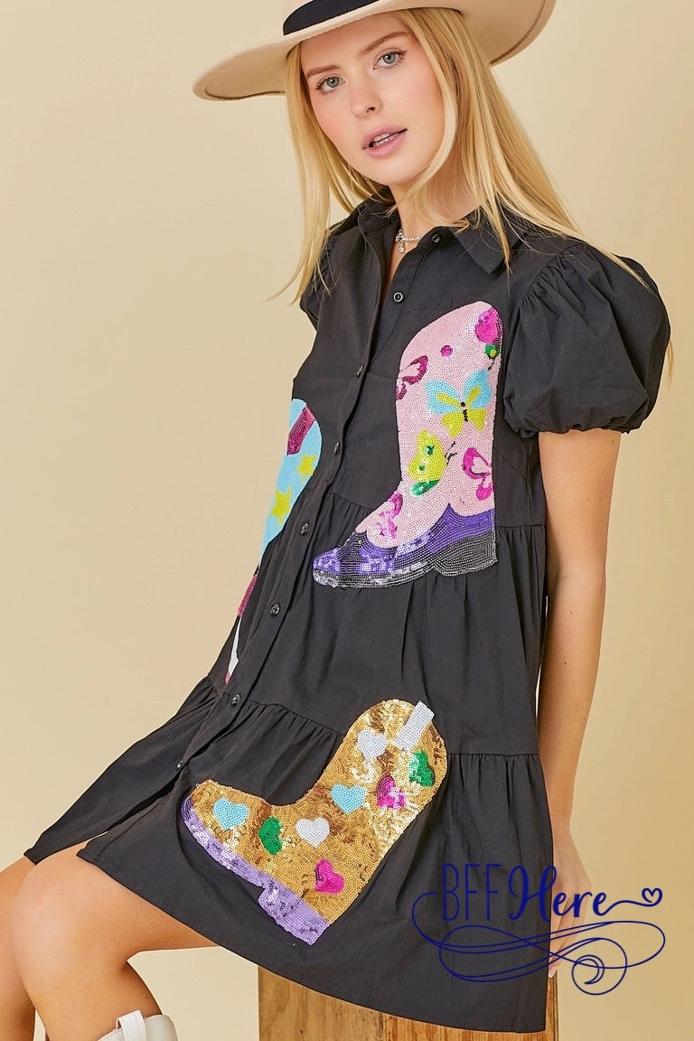 PREORDER: Midnight Sparkle: Black Dress with Sequin Boots (Ships Middle of February) - BFF Here