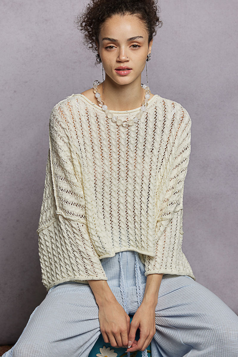 3/4 Sleeve Solid Shiny Thin Acrylic Sweater Cropped Top by POL (Ships 2-3 weeks) - BFF Here
