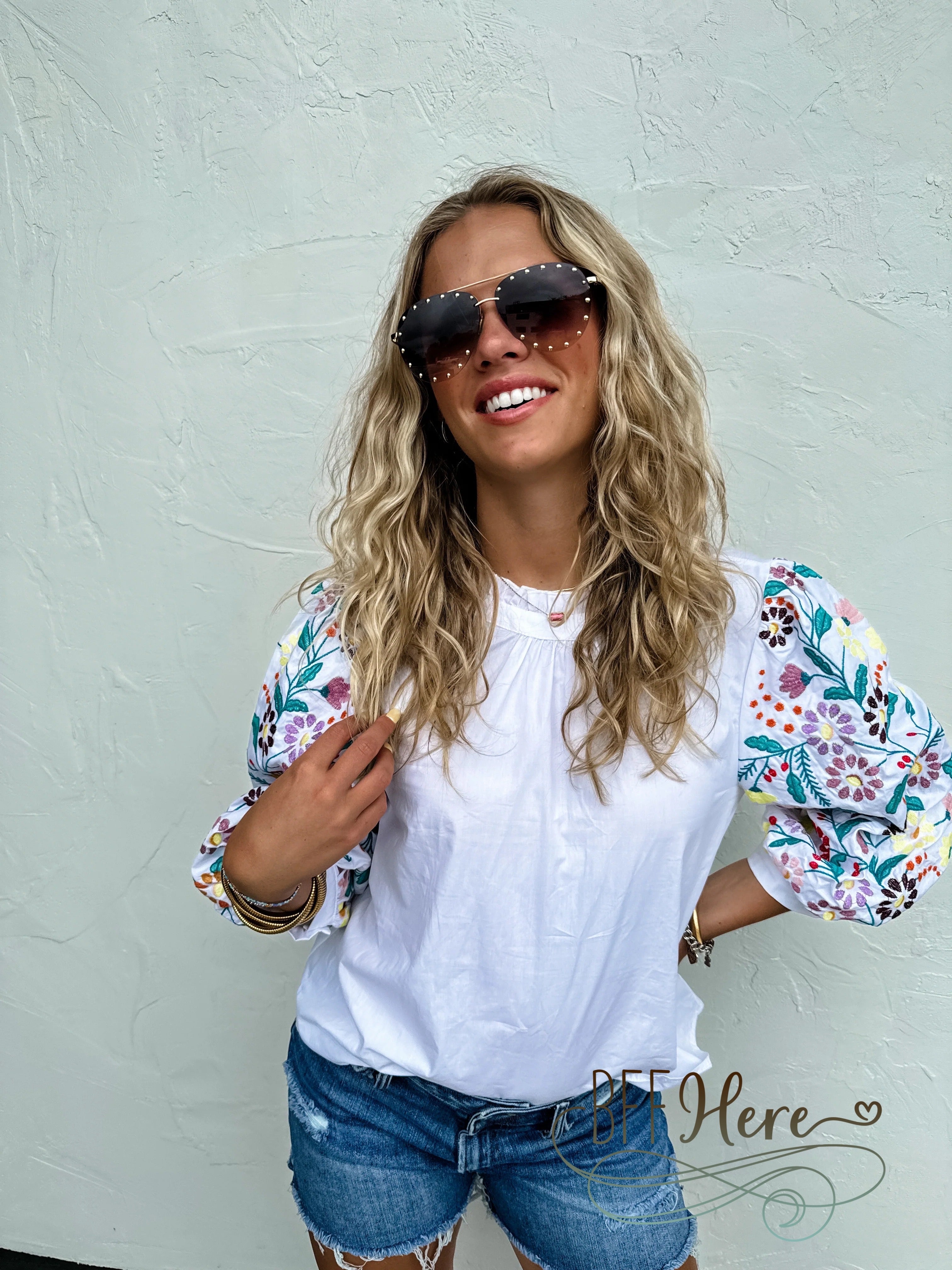 Summer Breeze Top:  With Vibrant Floral Embroidered Sleeves / Choice of Color - BFF Here