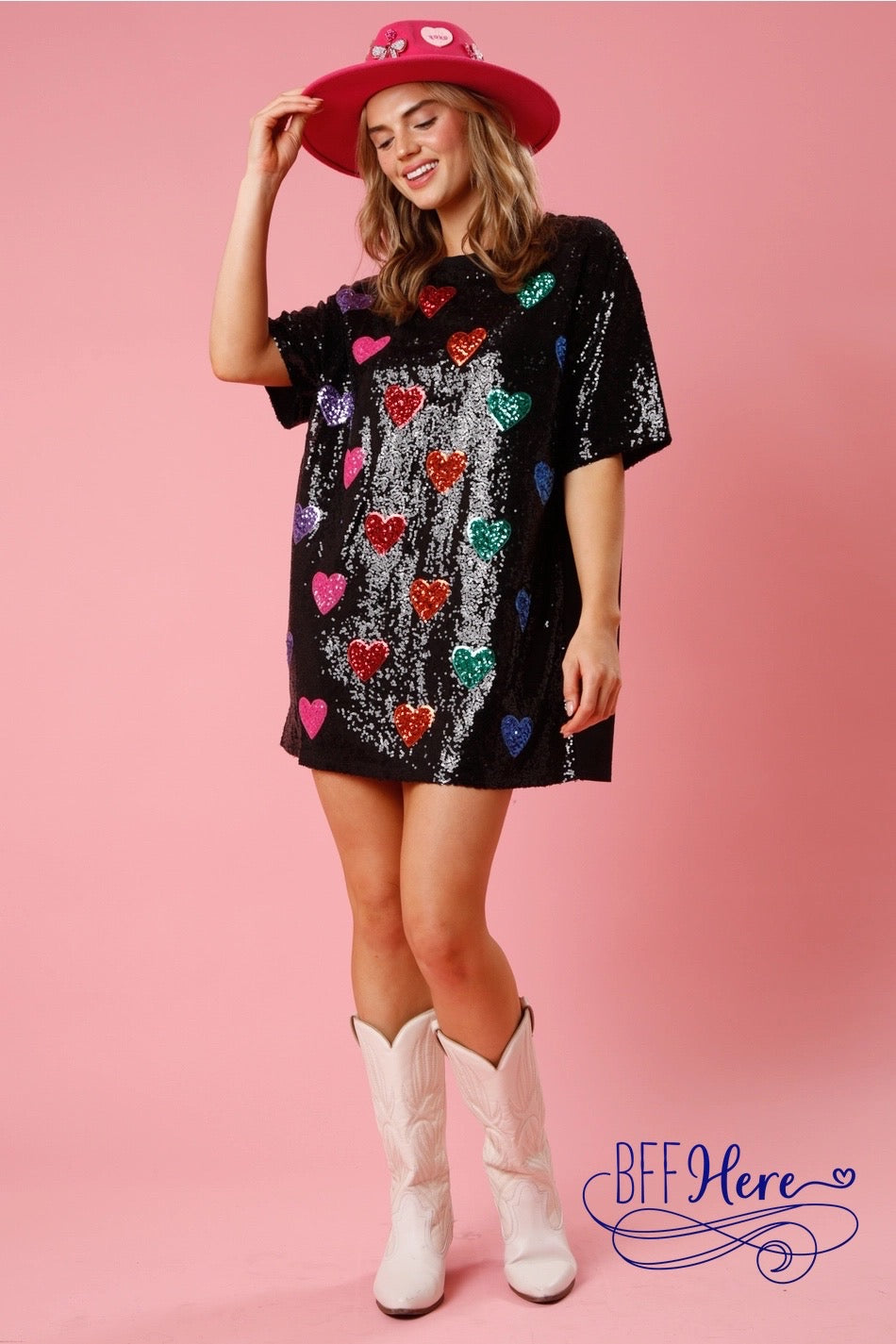 Color Burst: Rainbow Hearts Sequin T-Shirt Dress - BFF Here