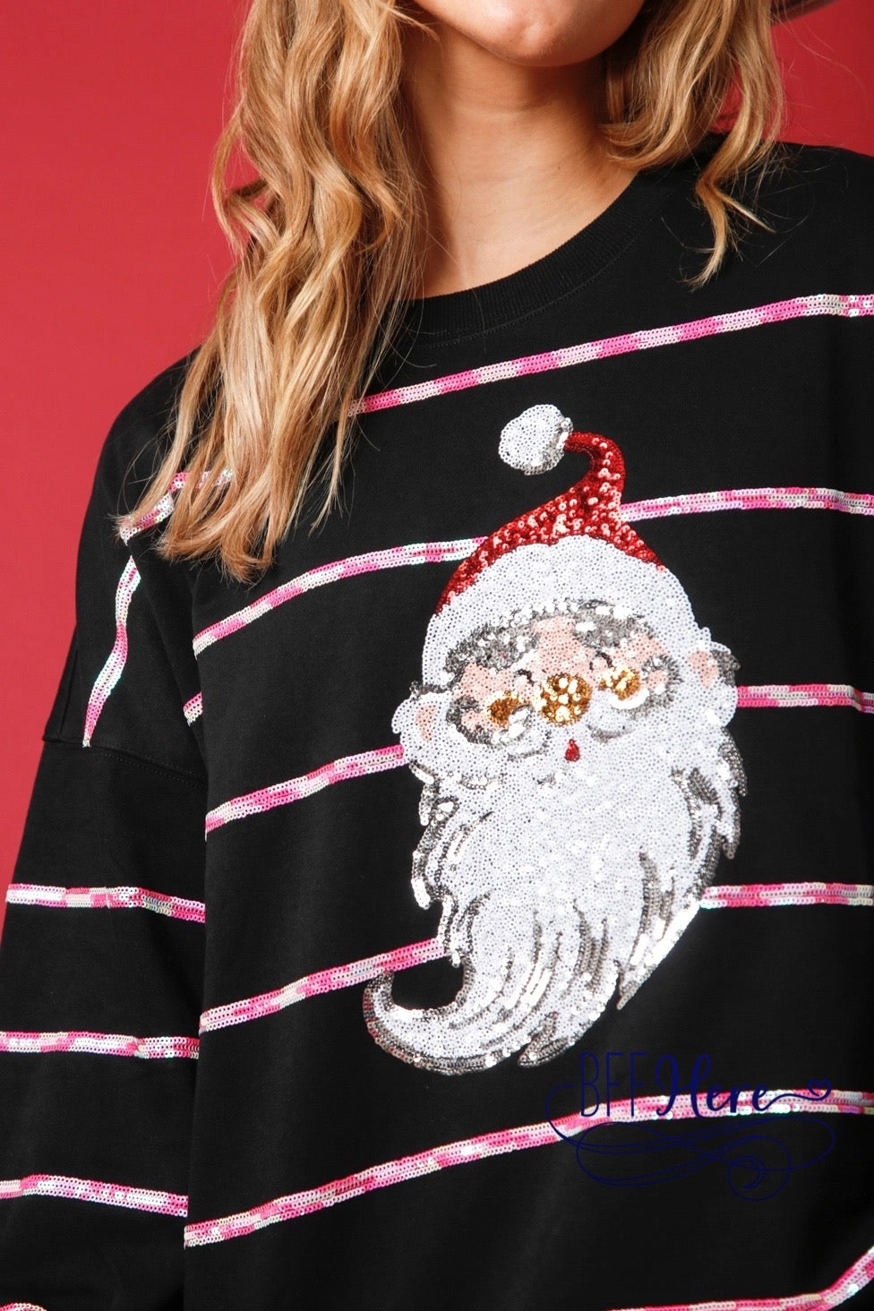 Yuletide Glitter: Striped Sequin Santa Patch Sweatshirt - BFF Here