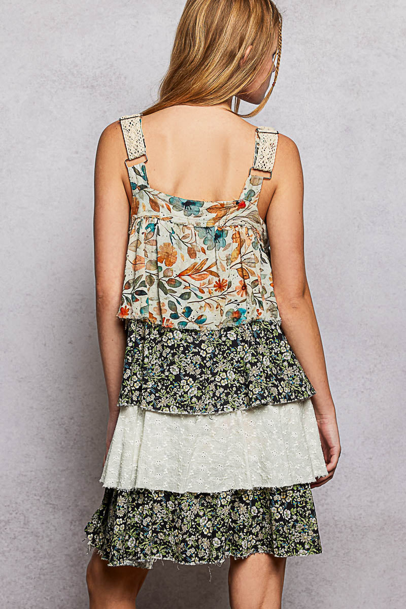 Boho Eyelet Patch Ruffle Floral Print Mini Dress by POL (Ships 2-3 weeks) - BFF Here