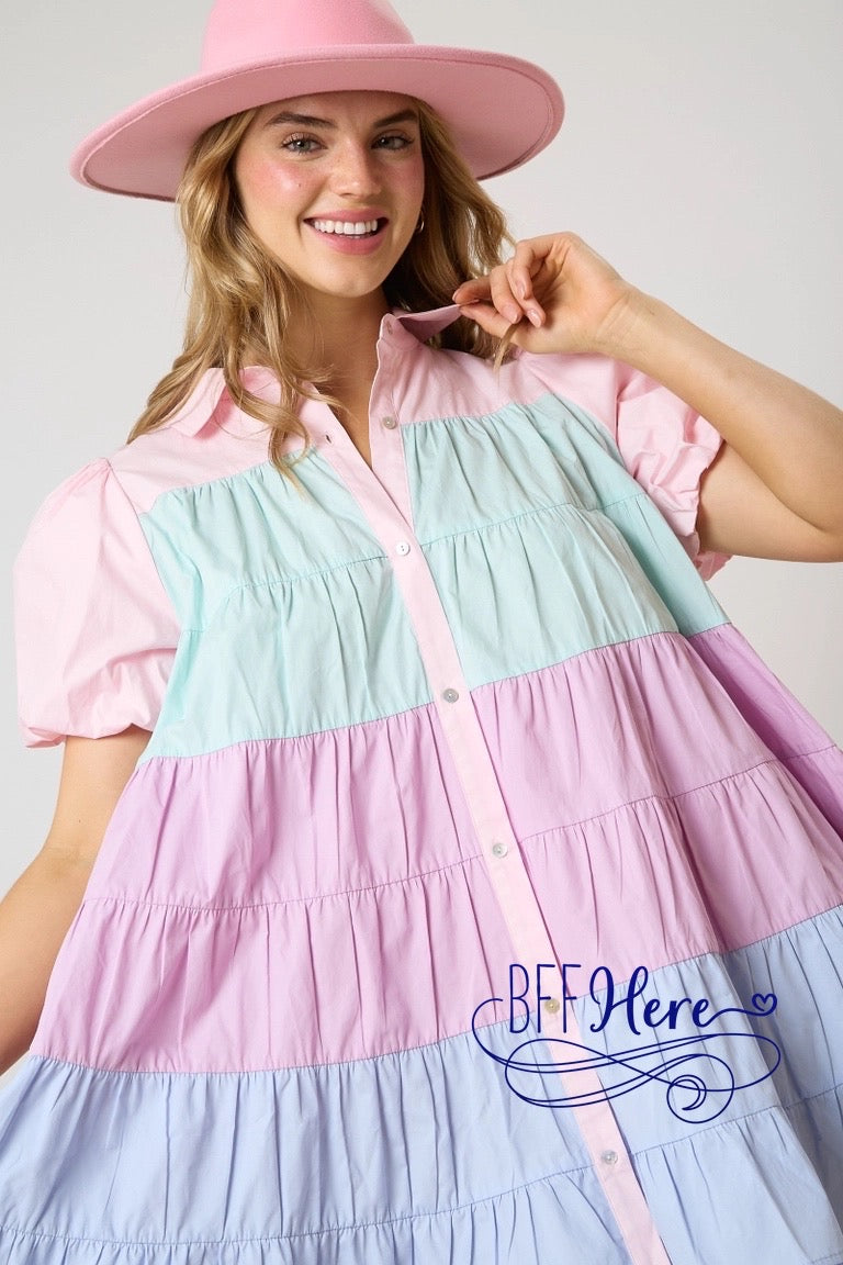 Pastel Paradise: Breezy Color-Block Shirt Dress - BFF Here