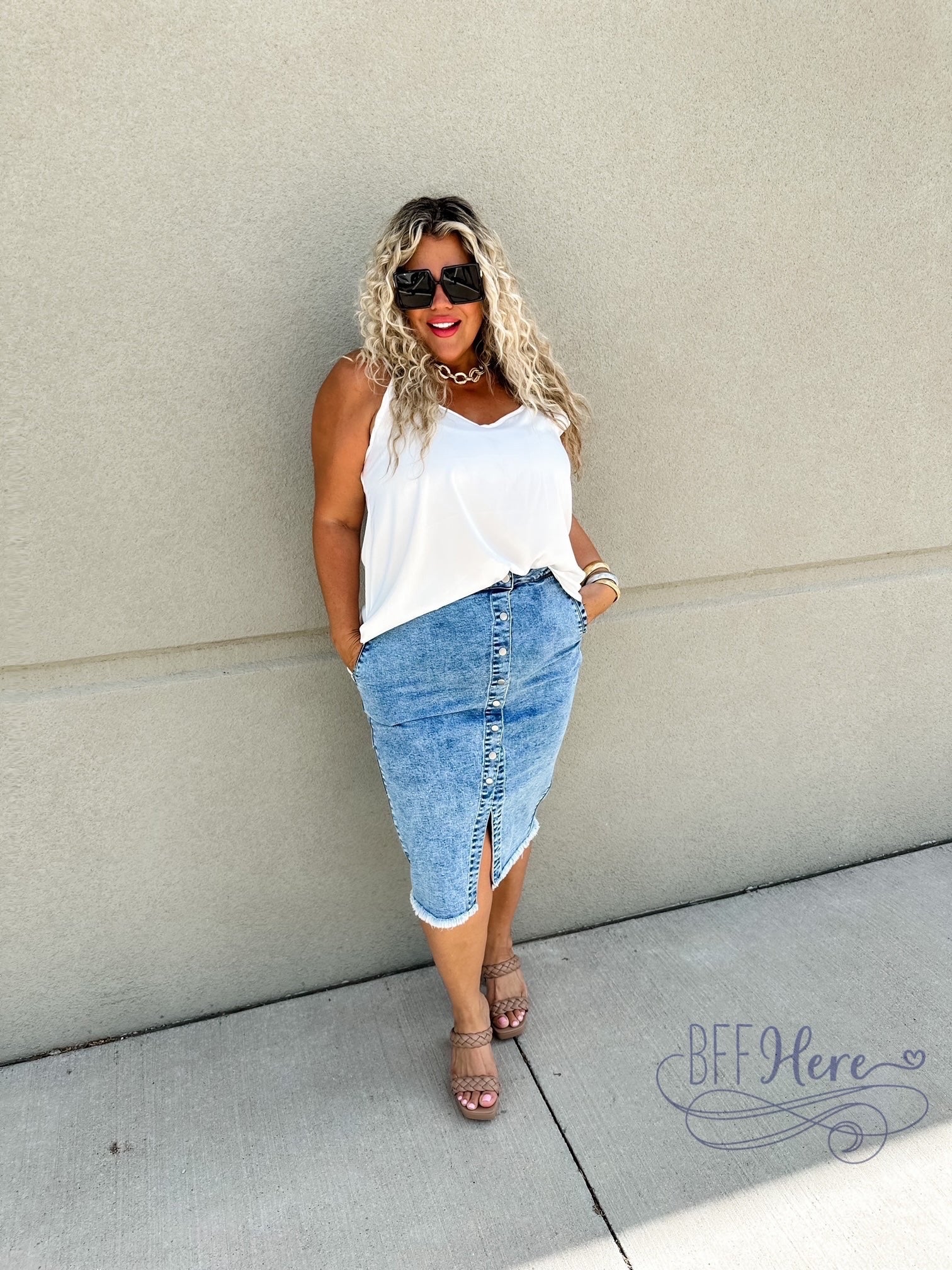 PREORDER: Denim Dreams: Asymmetrical Front-Button Denim Skirt  (Ships Middle Of October) - BFF Here