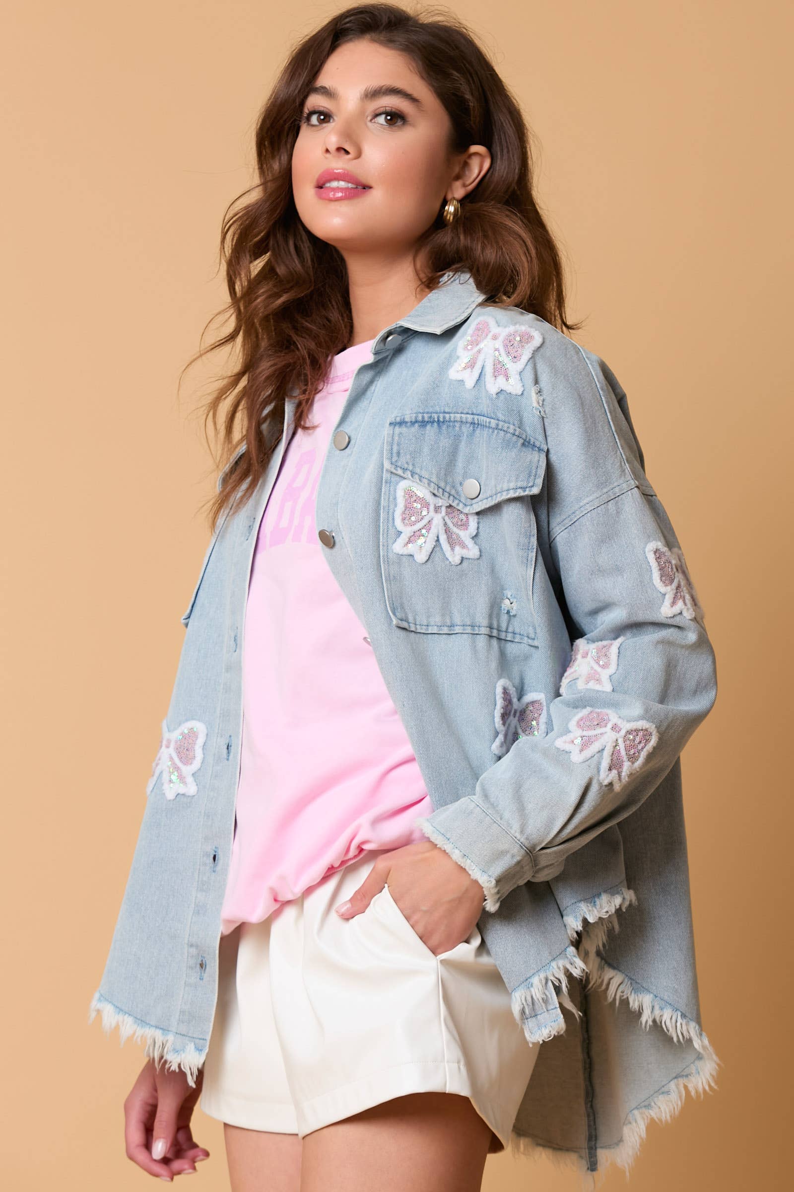 Bow Delight Frayed Denim Shacket - BFF Here